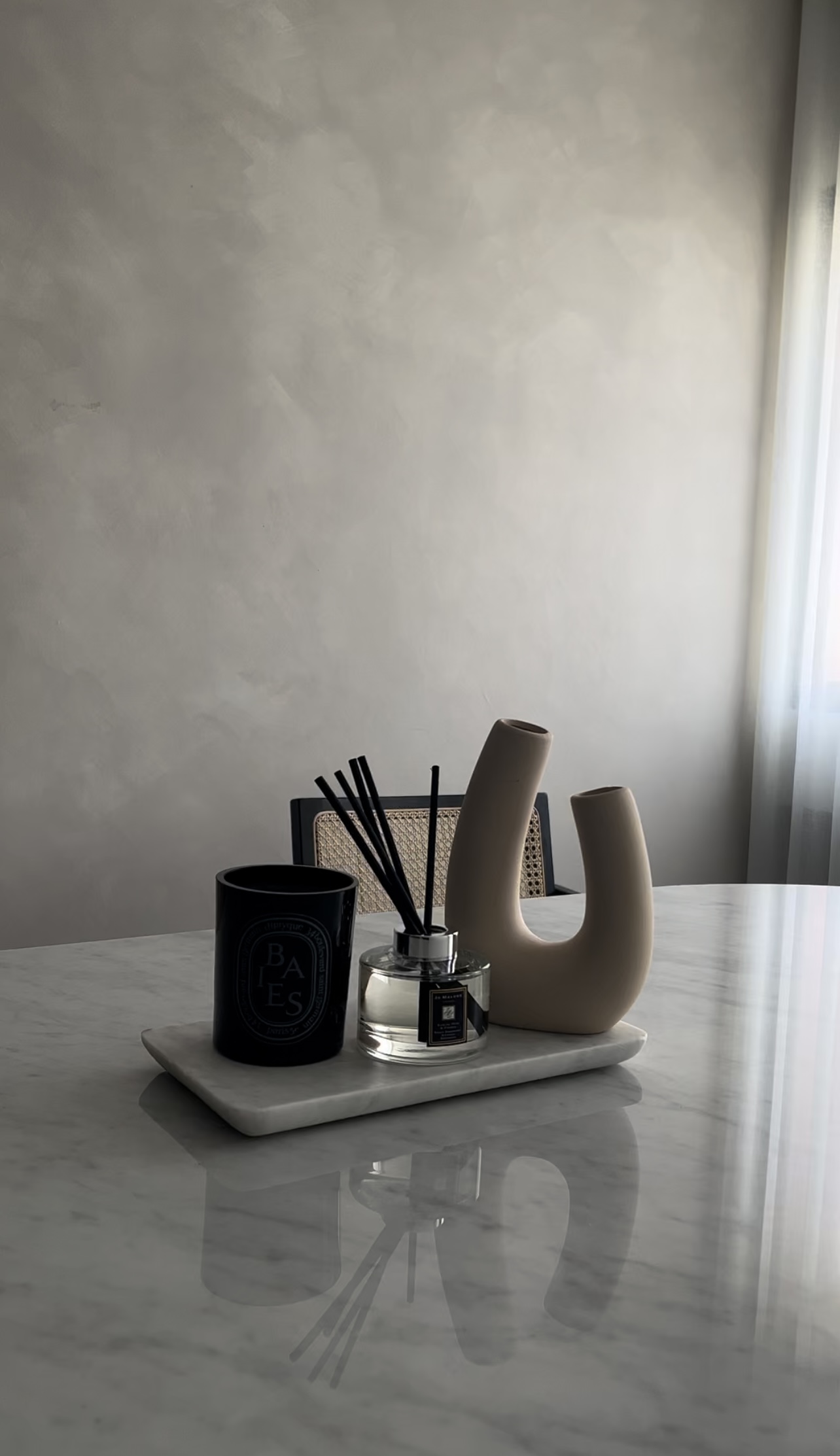 Warmth, textures and a splash of colour - Modern minimalist decor, sleek black mug, elegant candle holder, sophisticated