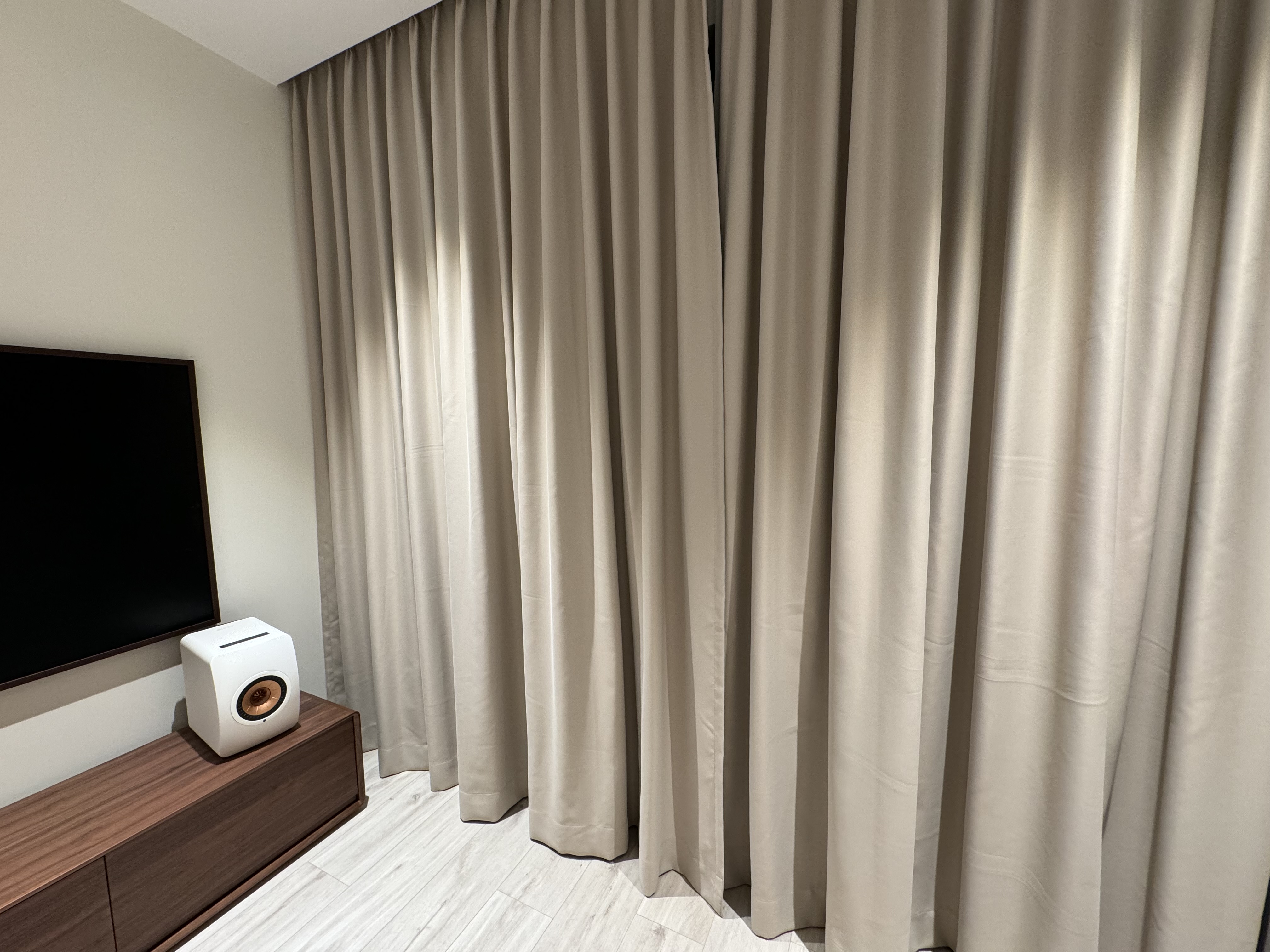 Love (our living room’s) curves & all (it’s) edges ❤️ - Cream curtains, modern living room, minimalist decor, sleek TV stand