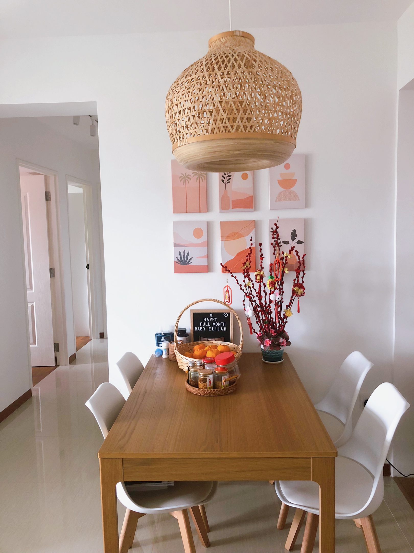 Dining room: making the most out of a small space  - Wooden dining table, minimalist decor, modern interior, white chairs