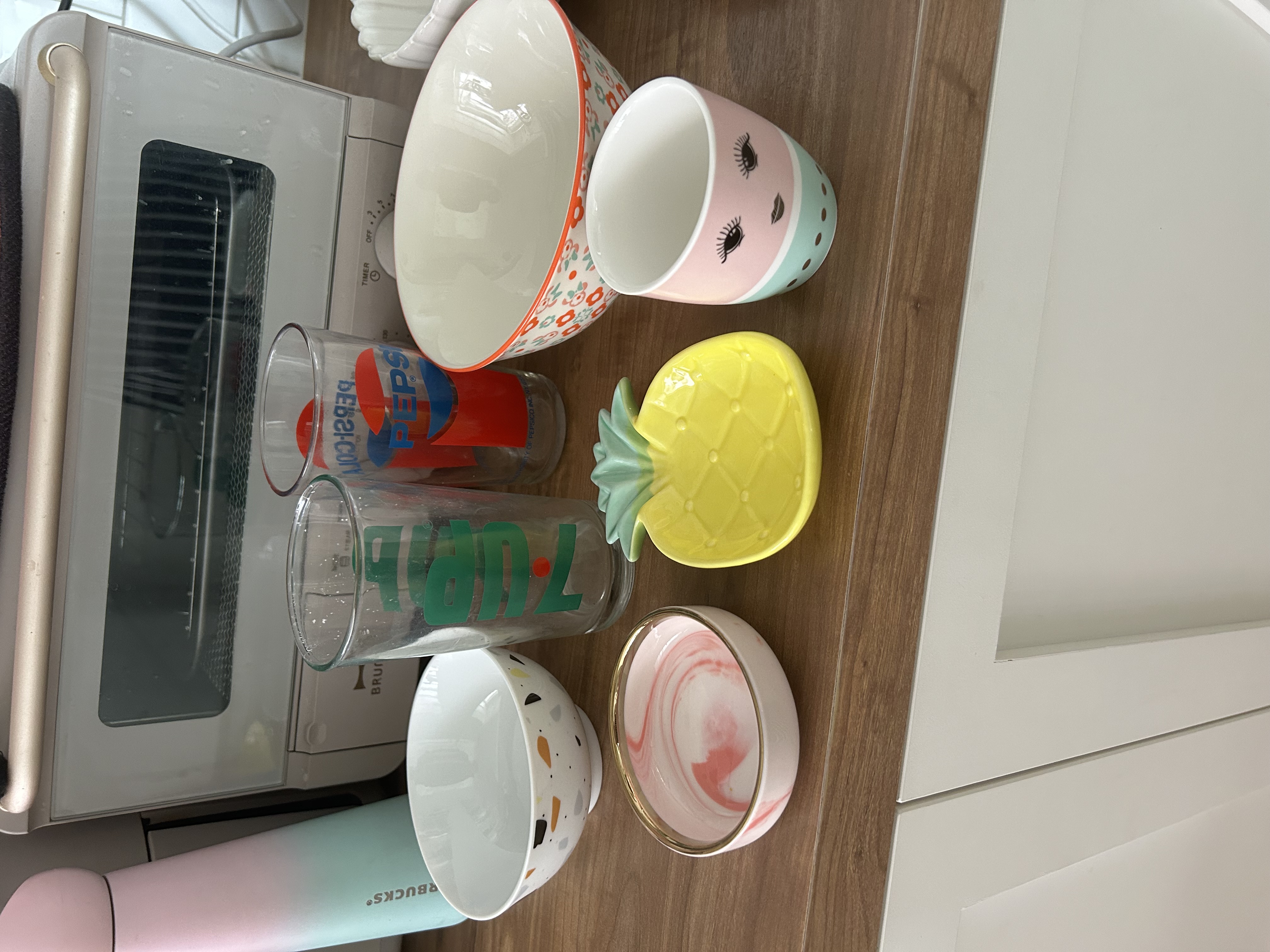 Dining room: making the most out of a small space  - microwave, toaster, glasses, cups, pineapple, patterned cups, colorful