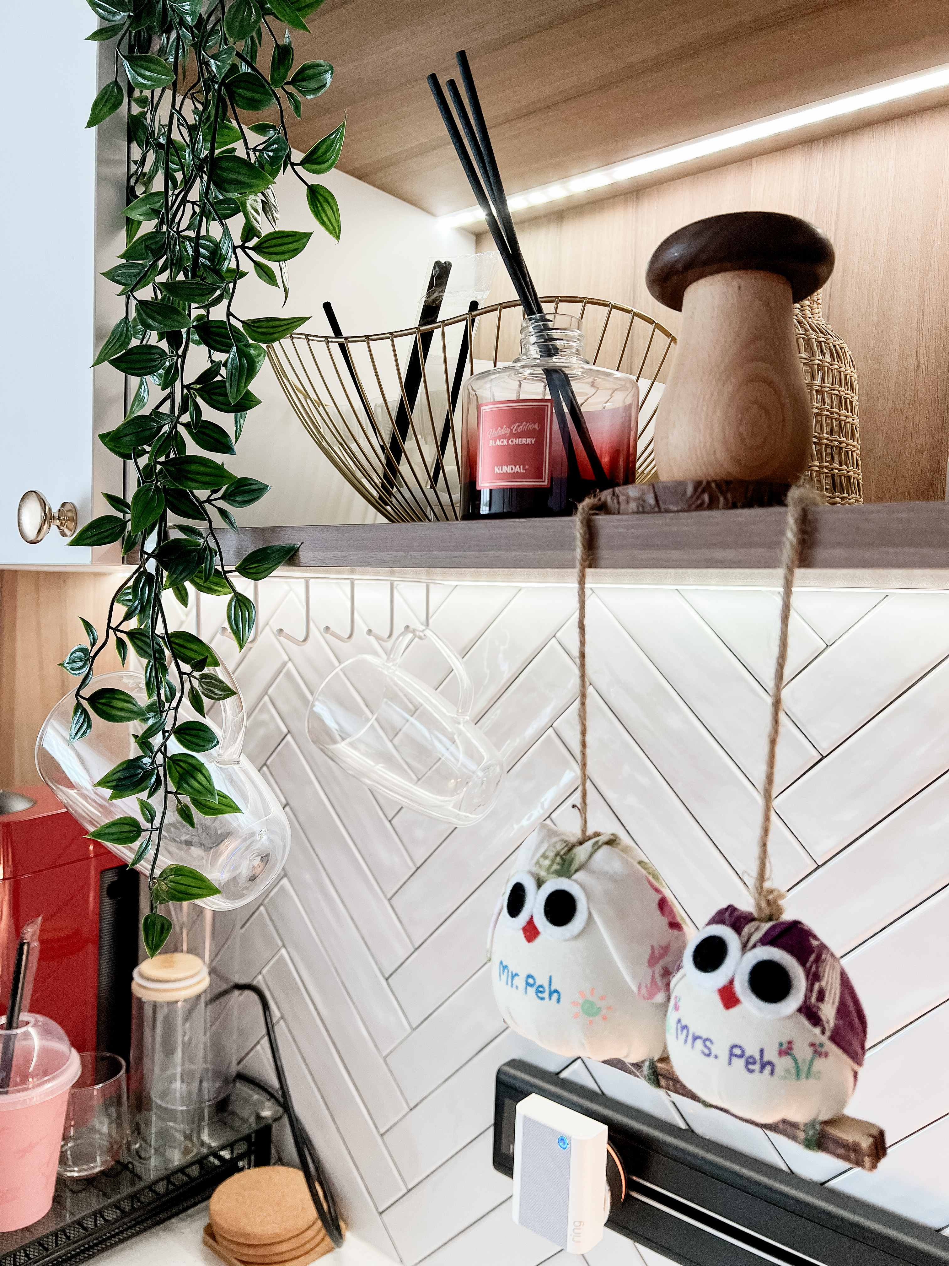 The heart of the home: Our Dining Room - vibrant green ivy, modern kitchen, hanging plant, wooden shelf, white tiled