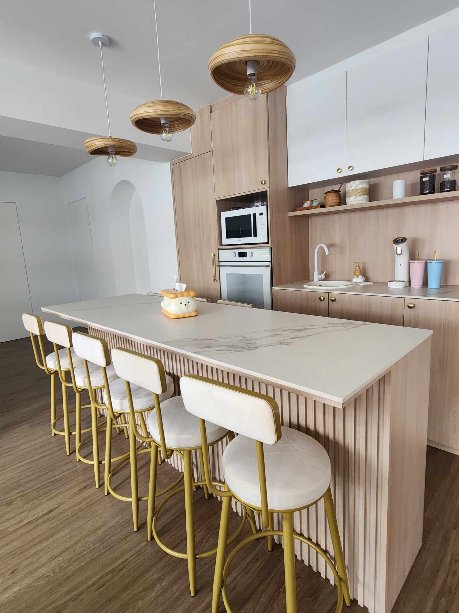 Our cozy dining space with a dry kitchen  - modern kitchen, contemporary design, minimalist style, sleek cabinetry, wooden