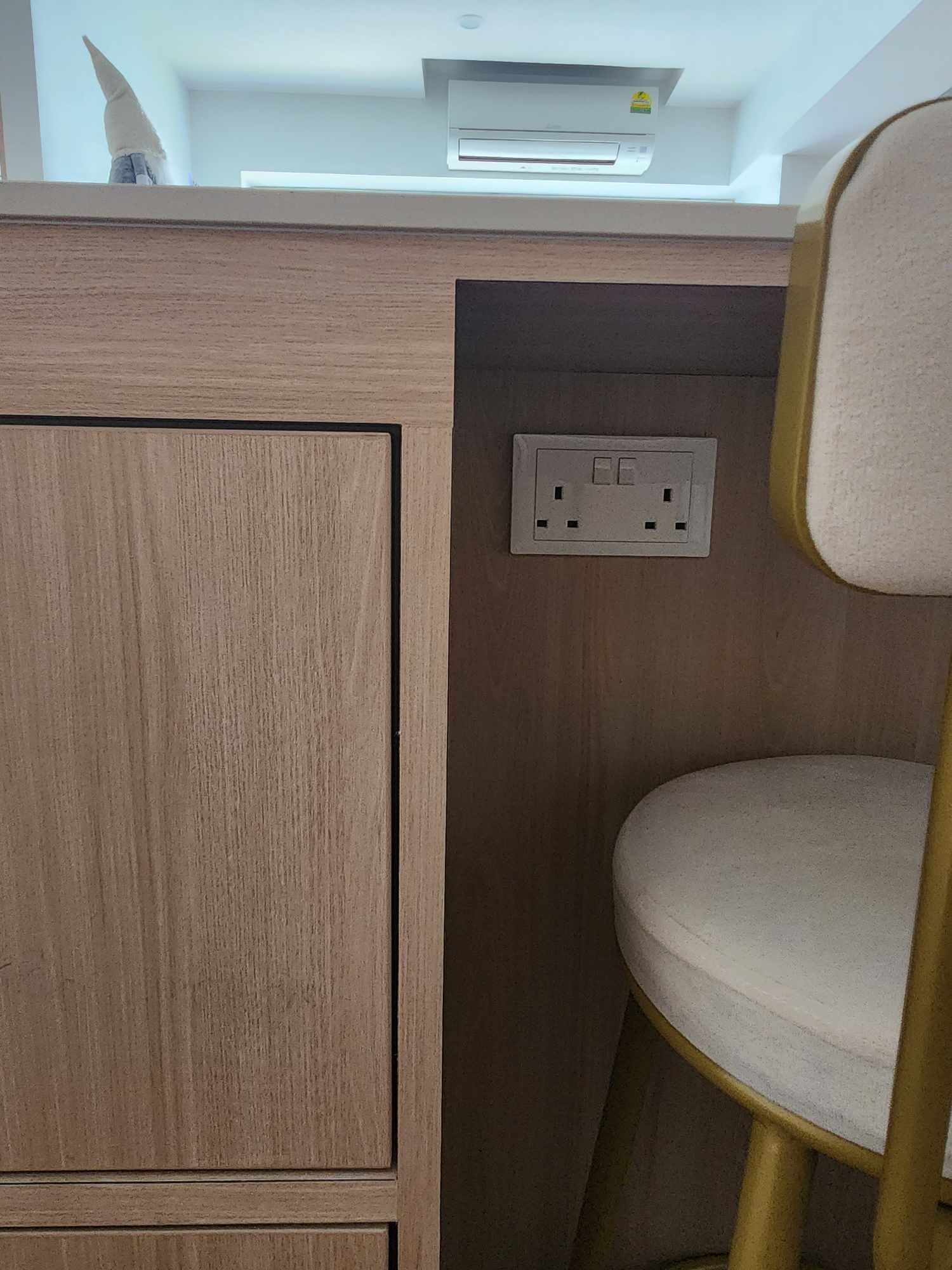 Our cozy dining space with a dry kitchen  - Wooden cabinet, kitchen counter, ceiling fan, air conditioning unit, light