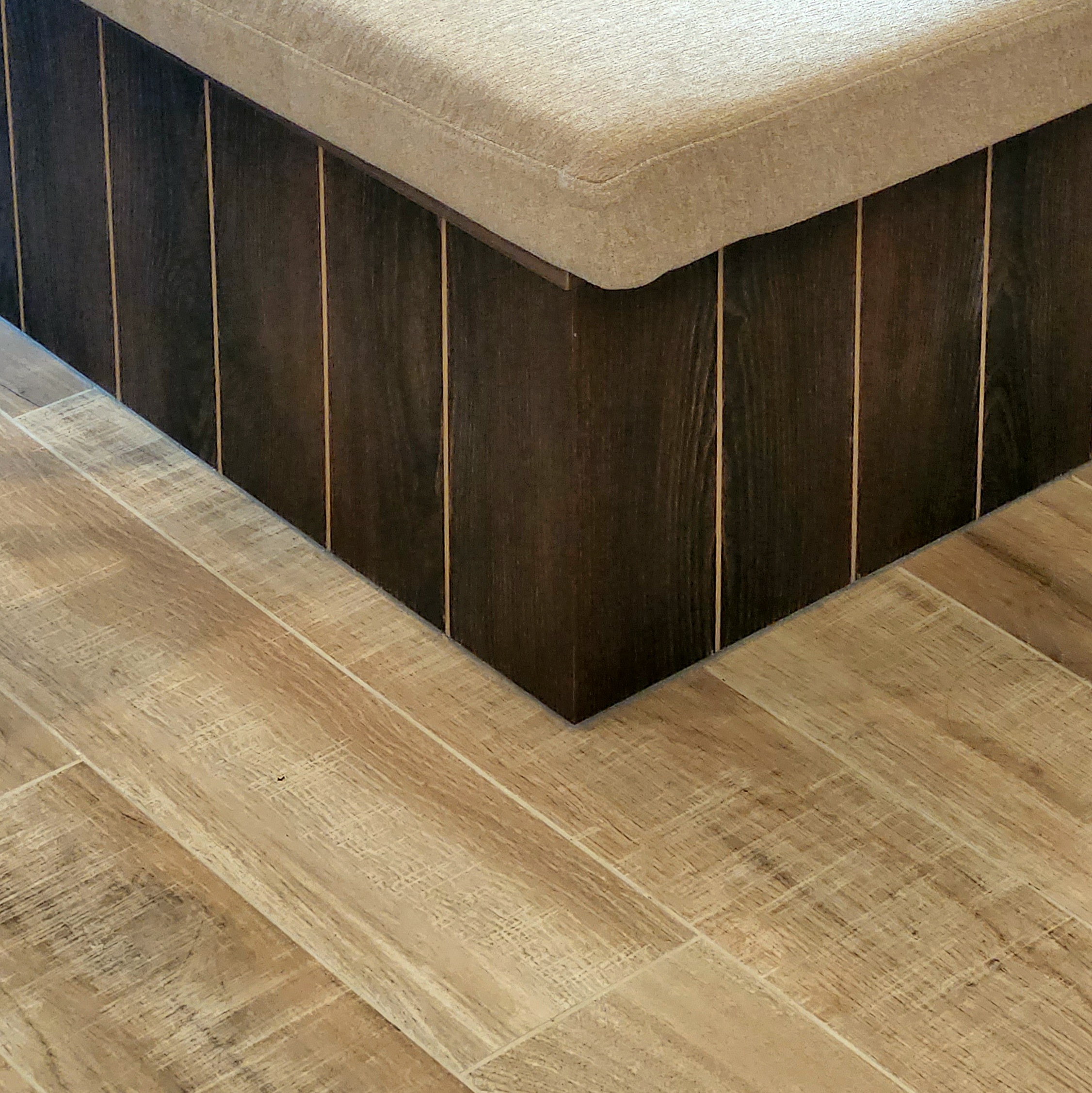 Gather here: Living and dining in the same space - Wooden floor, dark wood paneling, light wood plank, textured floor