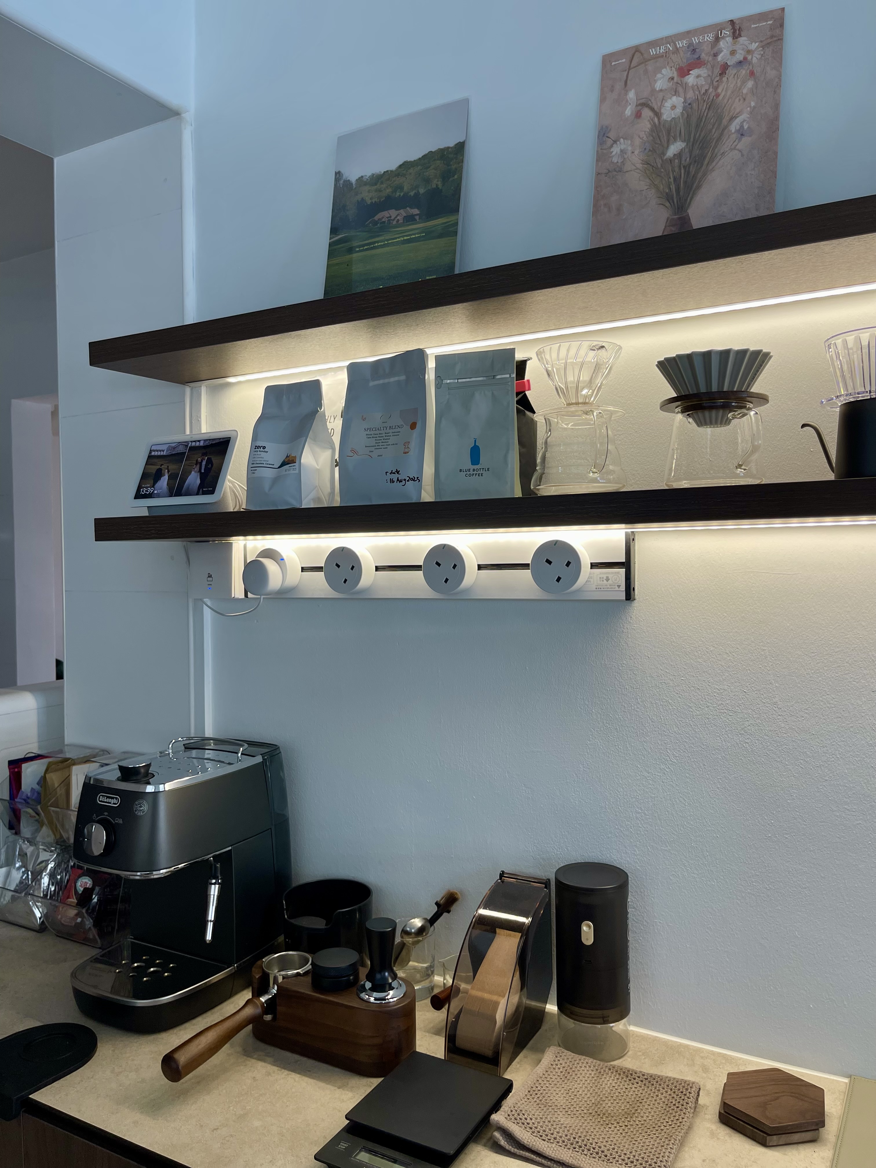 Gather around our island, the main activity zone in our house - Modern kitchen counter, coffee machine, espresso machine