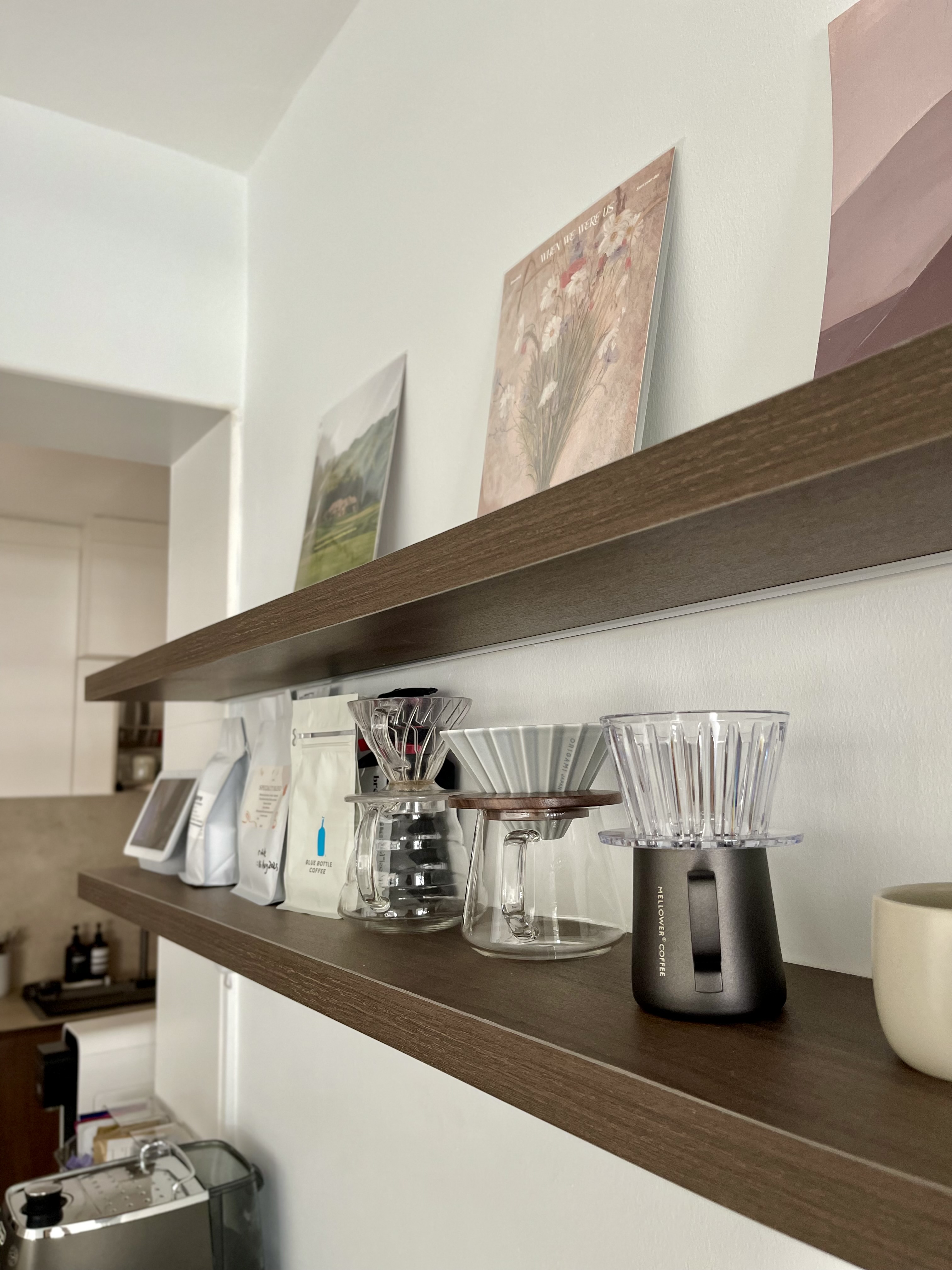 Gather around our island, the main activity zone in our house - coffee maker, coffee beans, coffee machine, coffee filter