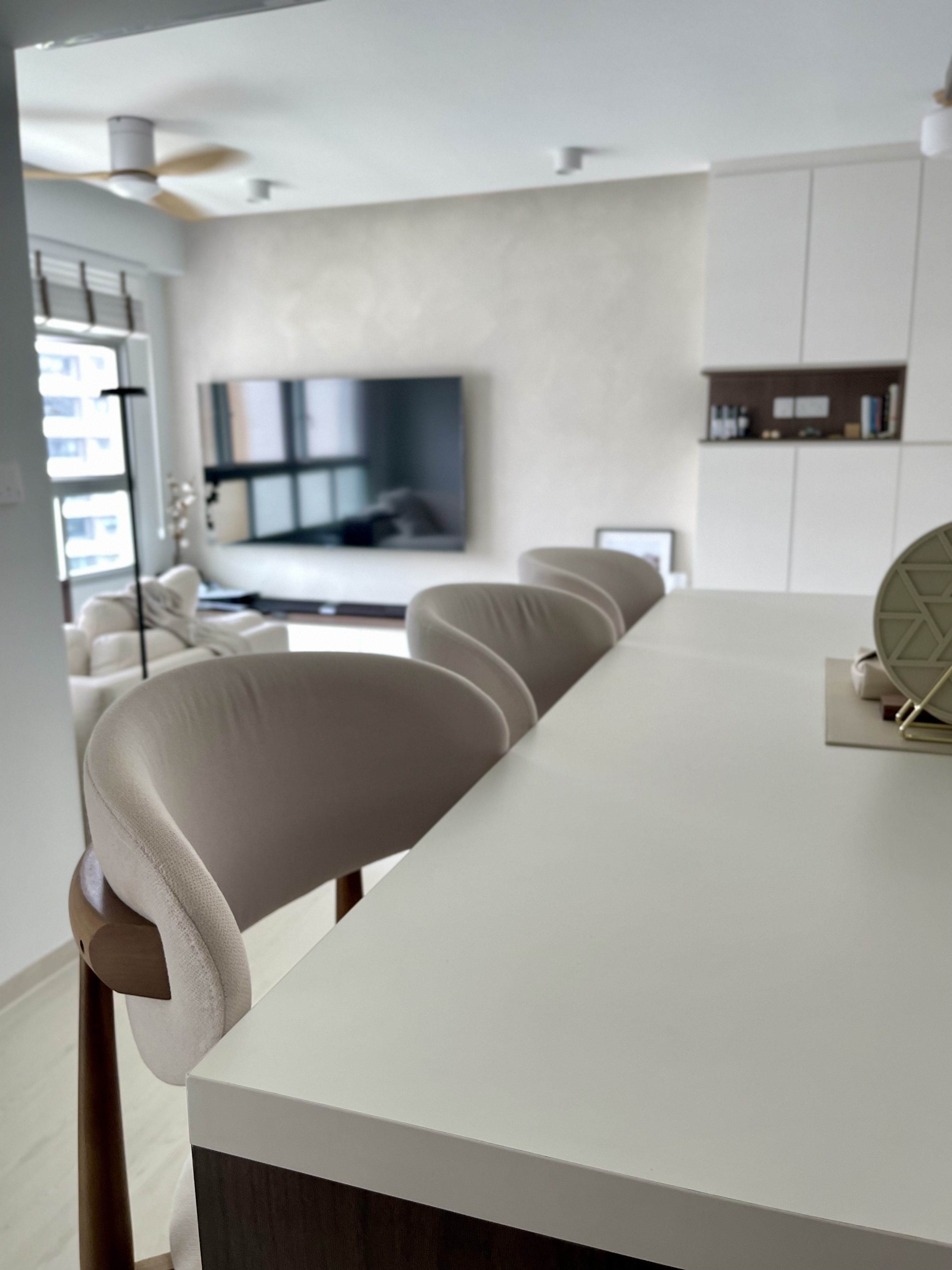 Gather around our island, the main activity zone in our house - Modern minimalist living room, sleek white island