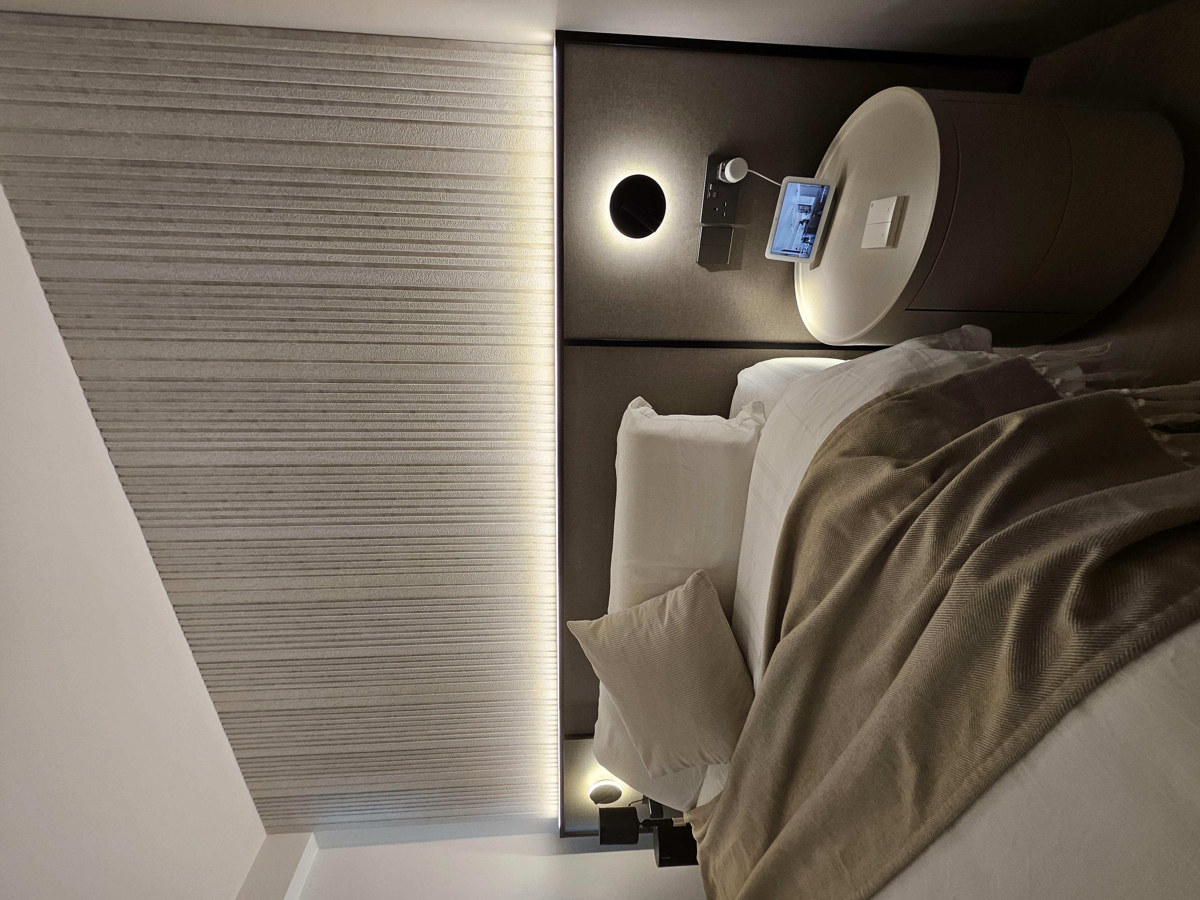 Explore Our Muted and Calming Bedroom - Modern bedroom with sleek design, minimalist decor, neutral color palette, soft