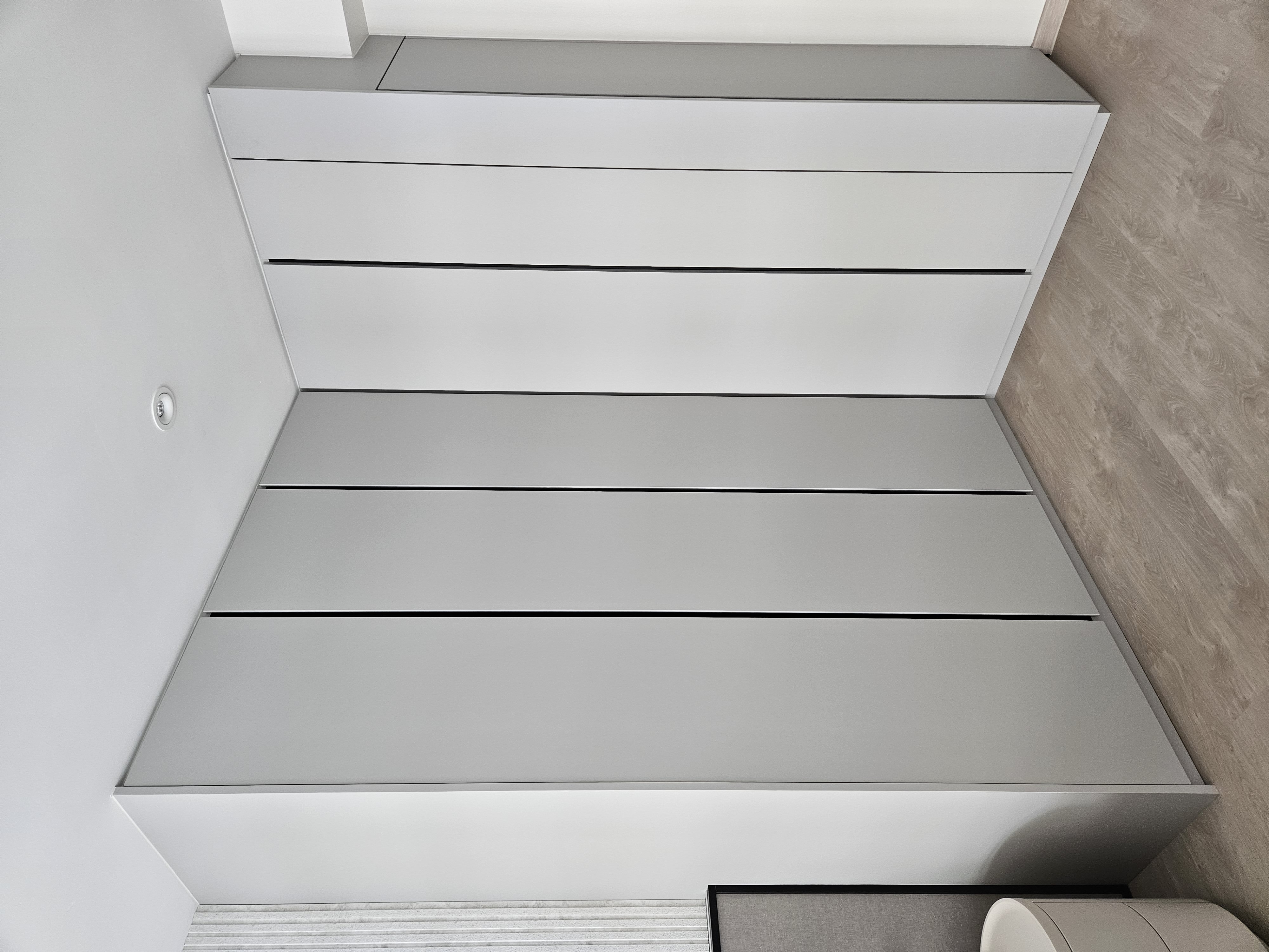 Explore Our Muted and Calming Bedroom - modern minimalist cabinet, sleek storage unit, floating shelves, white cabinets