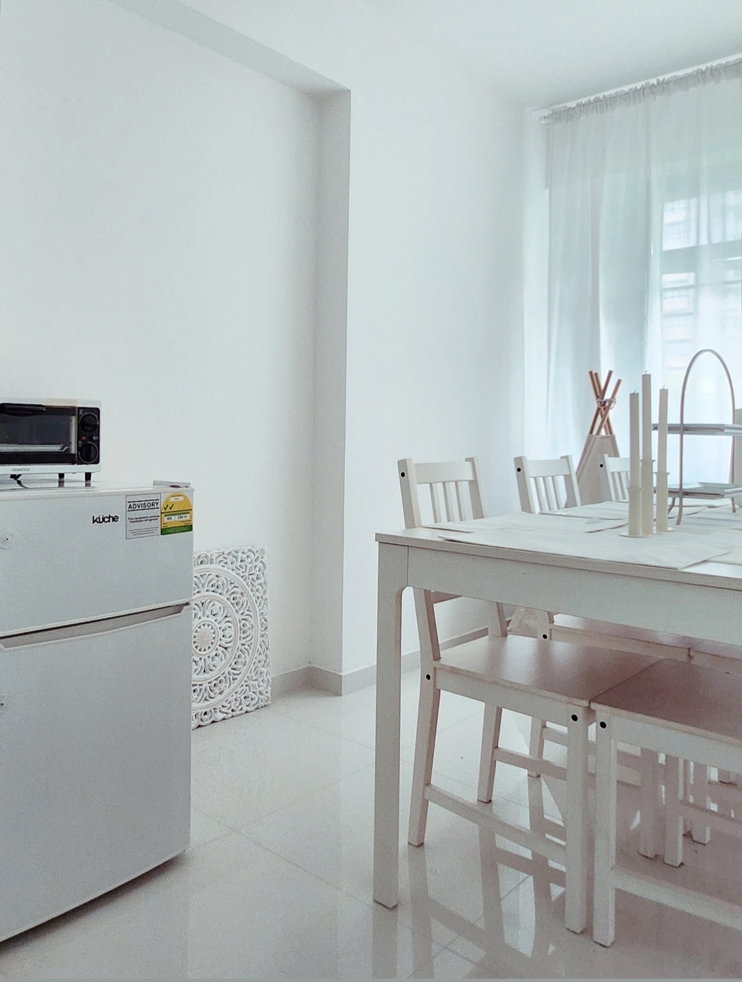 Our private dining room - White kitchen, minimalist dining room, modern kitchen appliances, white cabinets, dining table