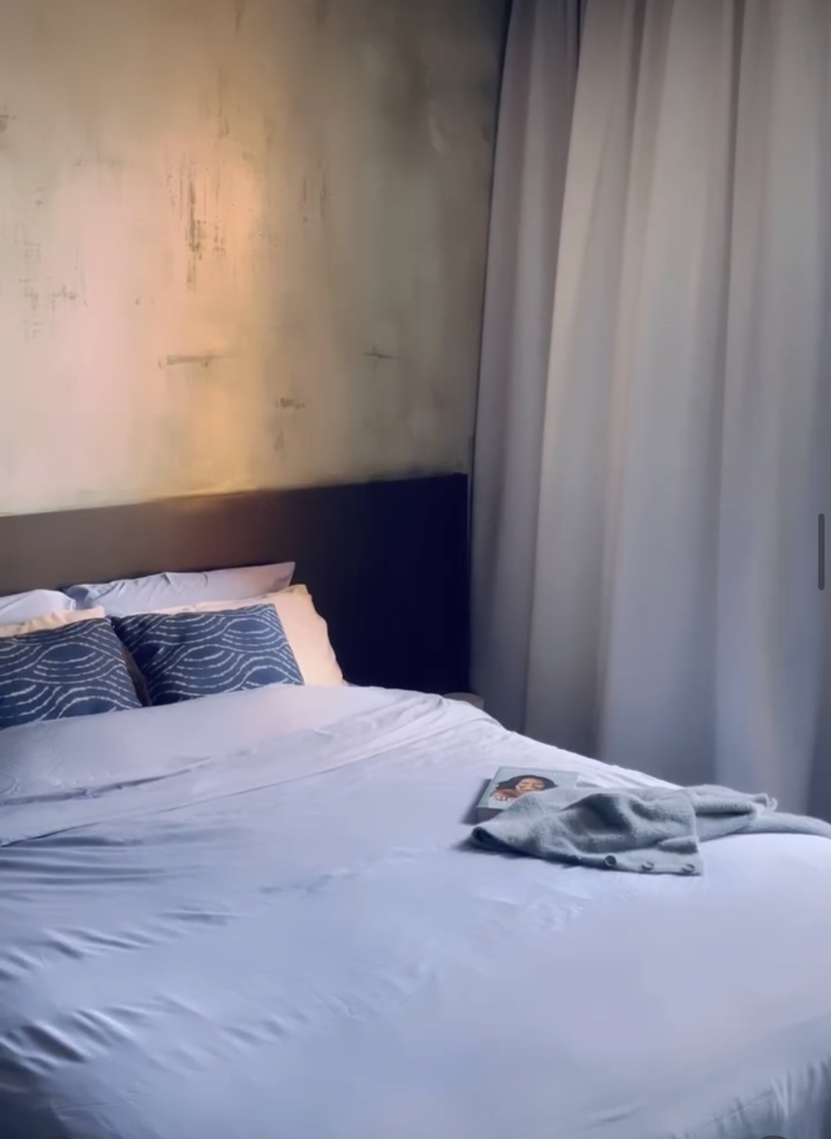 A place to rest and recharge  - Bedroom, cozy, room, curtains, light, neutral tones, soft lighting, white sheets, blue