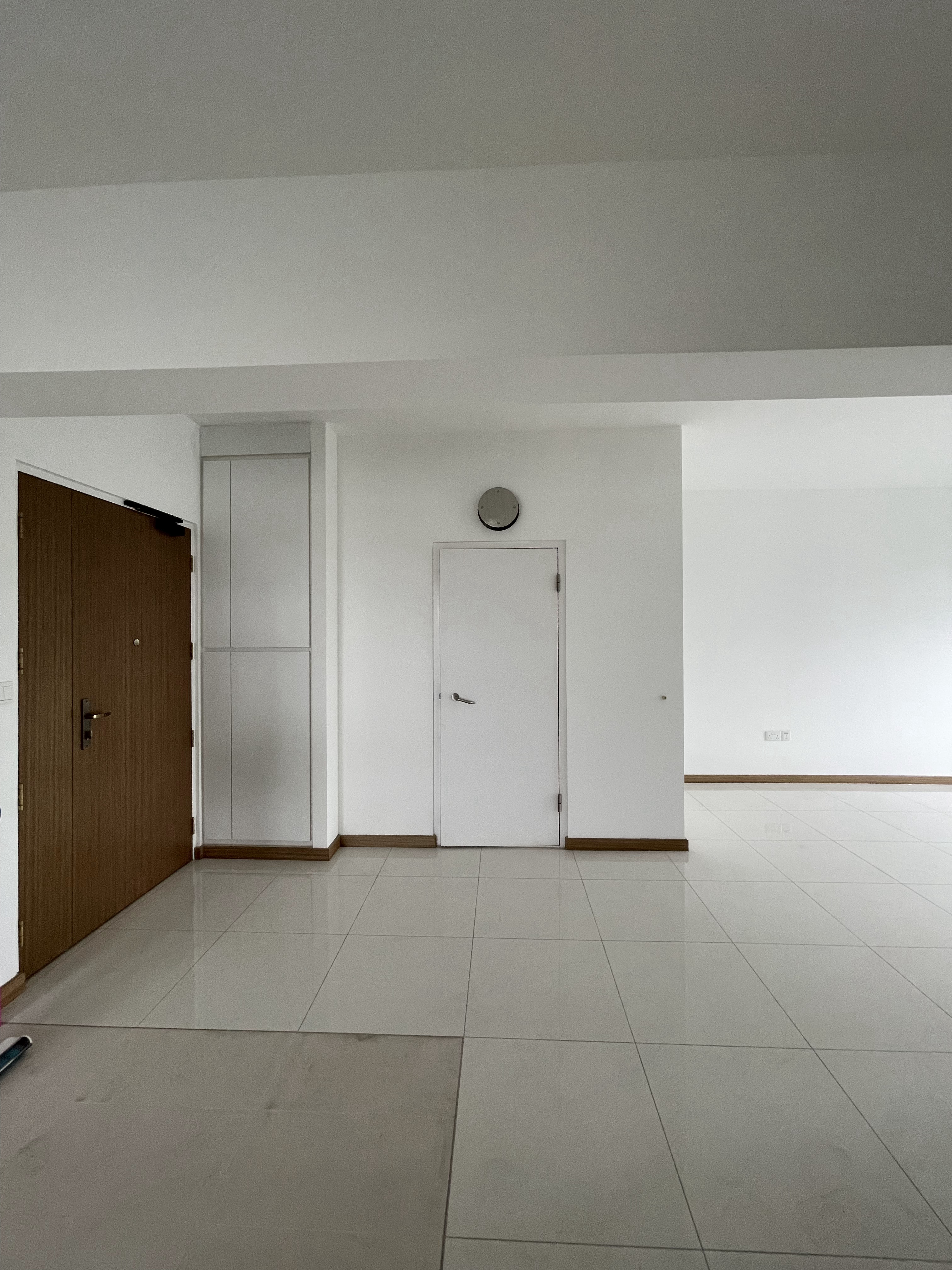 House Hunting Journey | When HDB decides on the layout for you - White tiled floor, minimalist design, empty room, modern