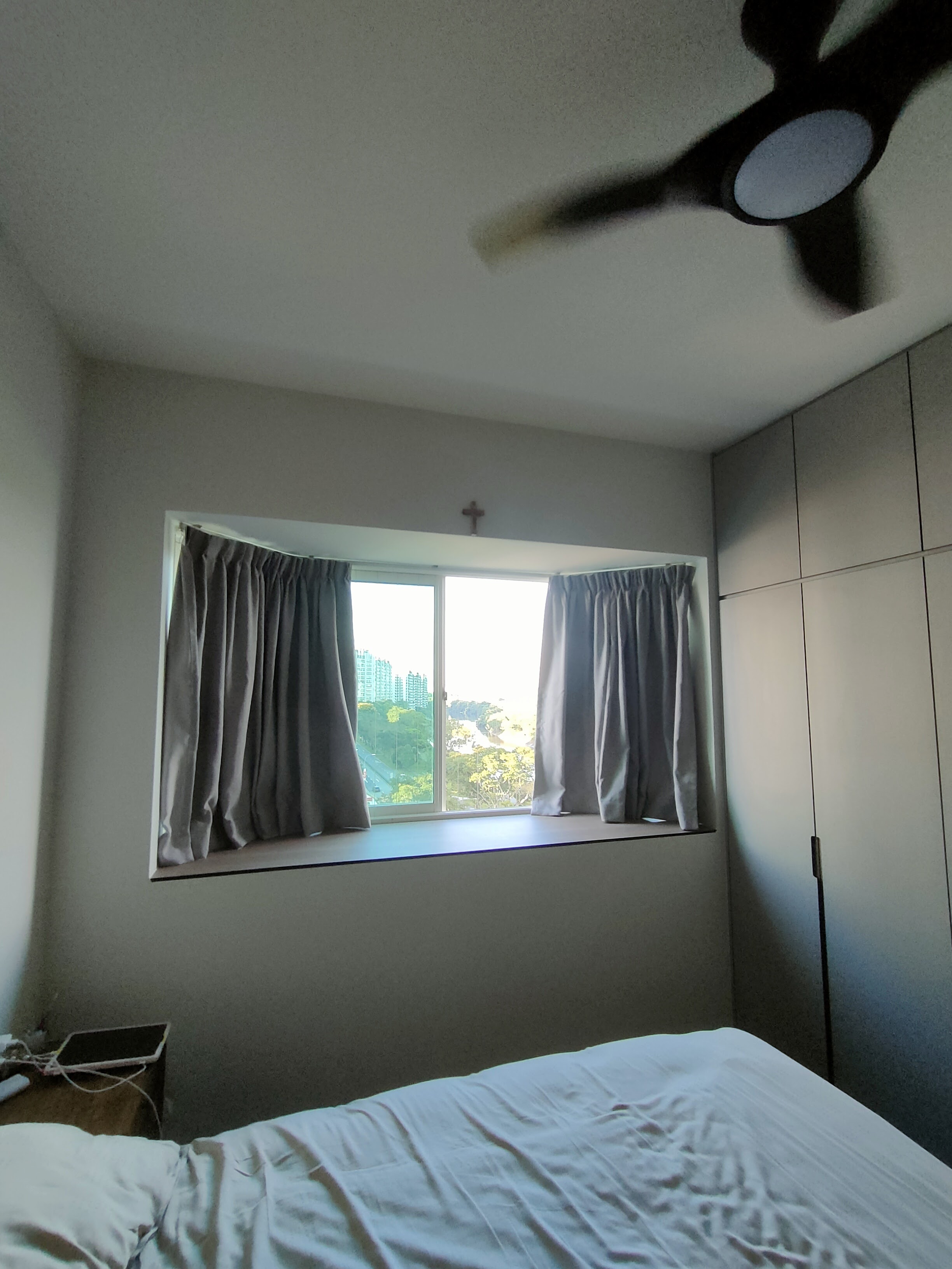 Masterbedroom.. Our sanctuary after a hard's day of work - Modern bedroom, large window, gray curtains, natural light