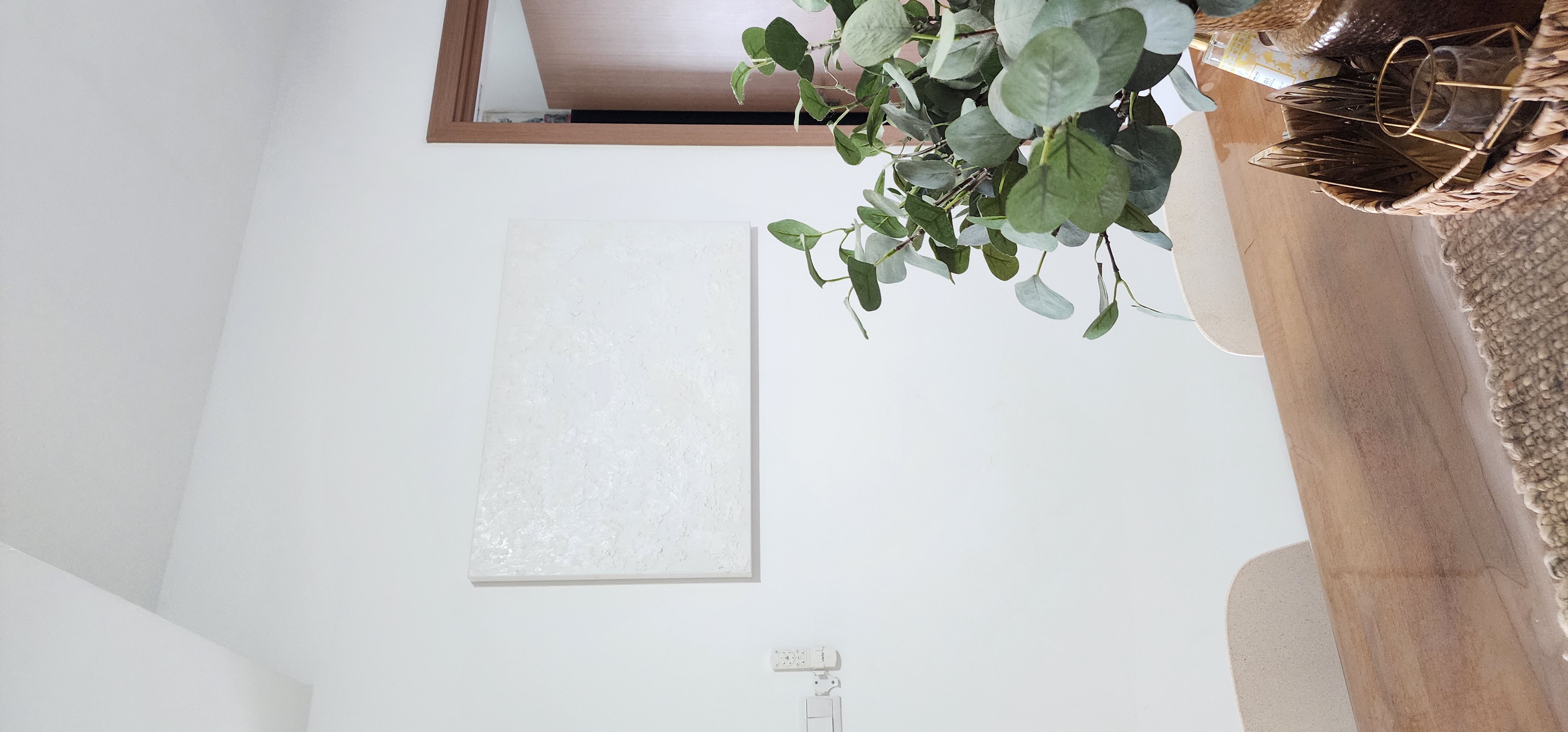Home Decor is your answer to happiness!  - White minimalist room, modern decor, abstract painting, green plant, woven basket