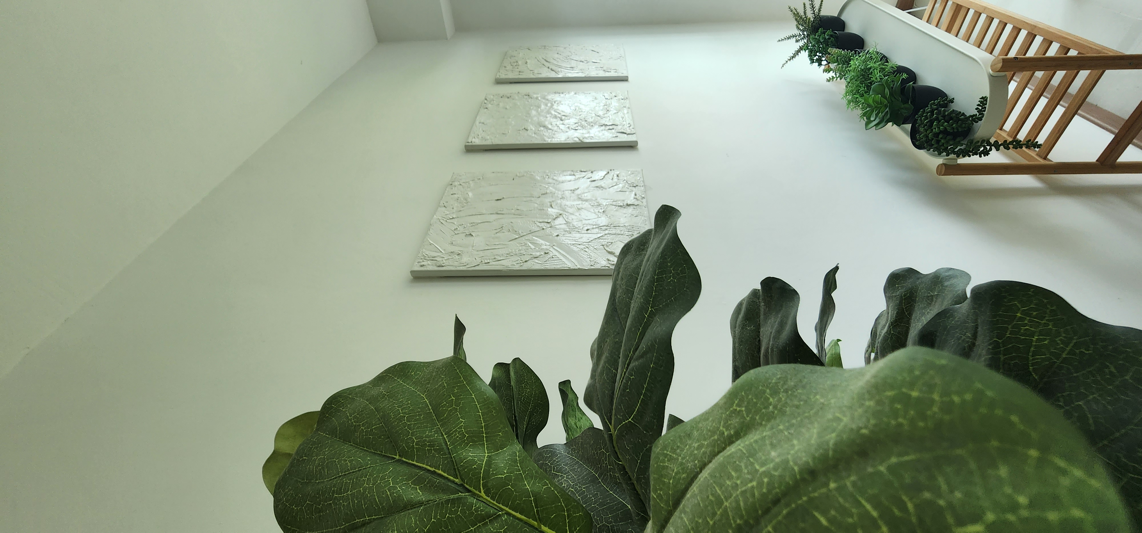 Home Decor is your answer to happiness!  - White wall, minimalist art, three textured panels, modern decor, indoor plants