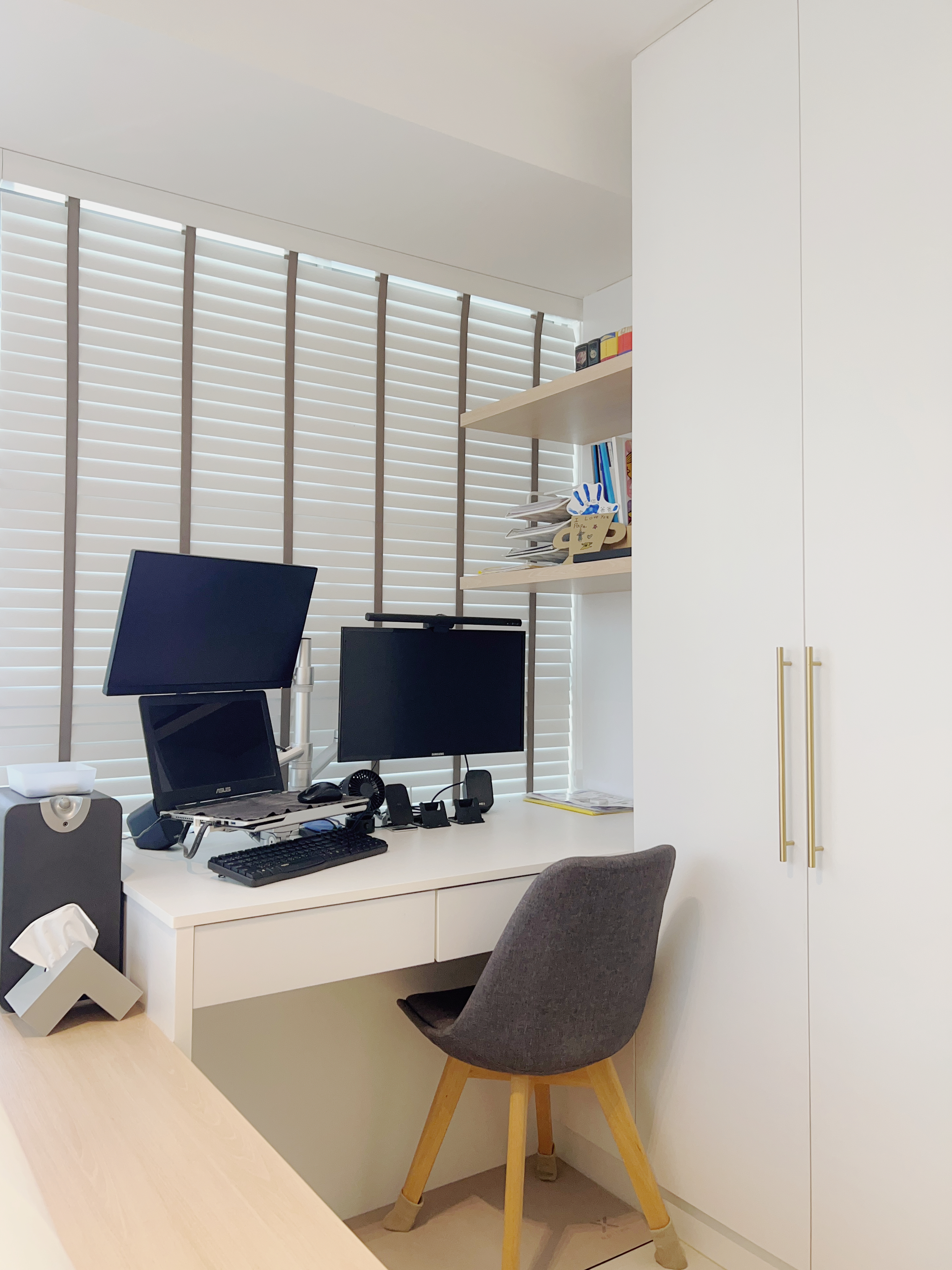 Maximising Bay Windows to Create A Cozy & Functional Master Bedroom - Modern workspace, minimalist desk, black computer