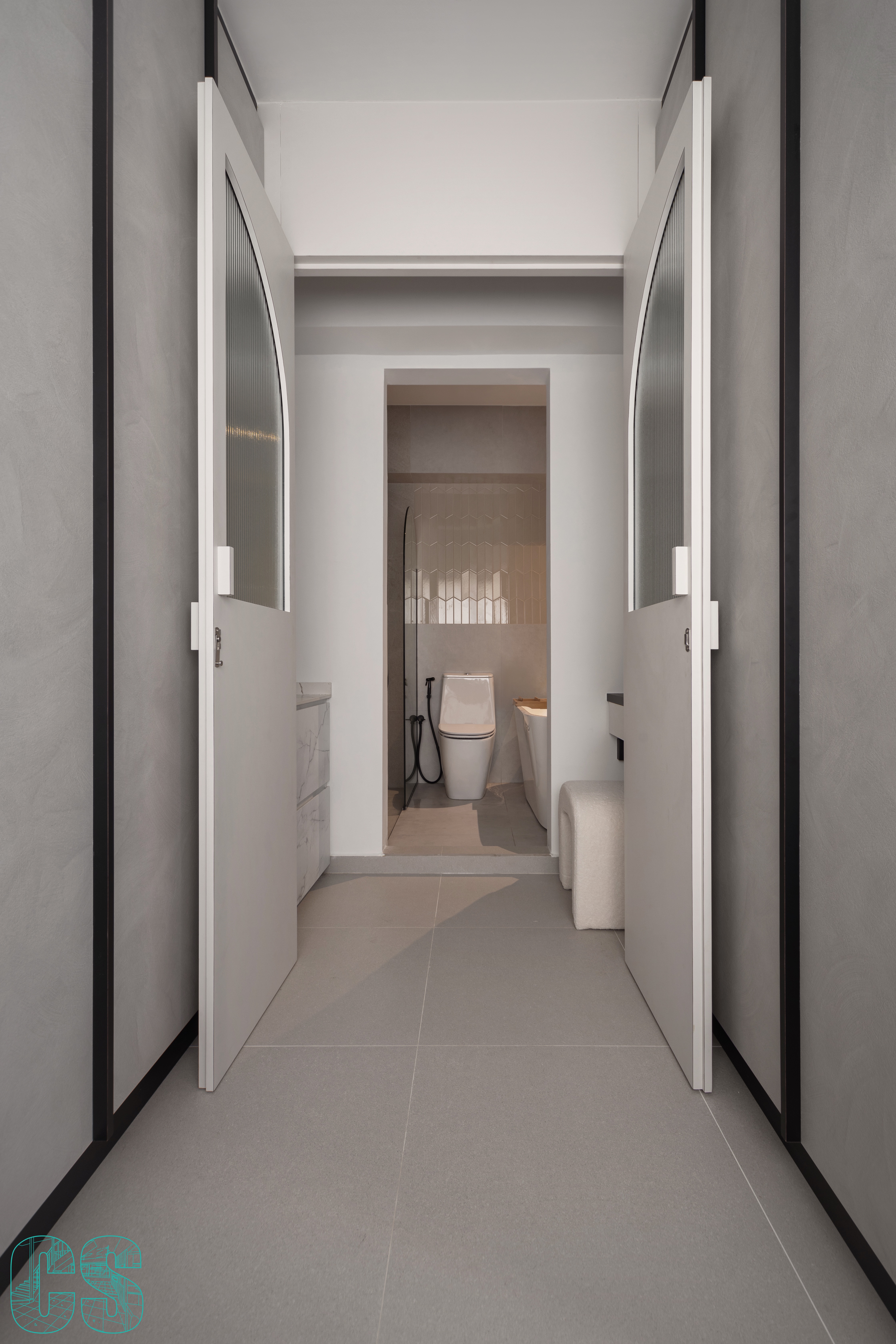 Minimalist Master Bedroom - Modern bathroom interior, minimalist design, sleek doors, open doorways, neutral color palette