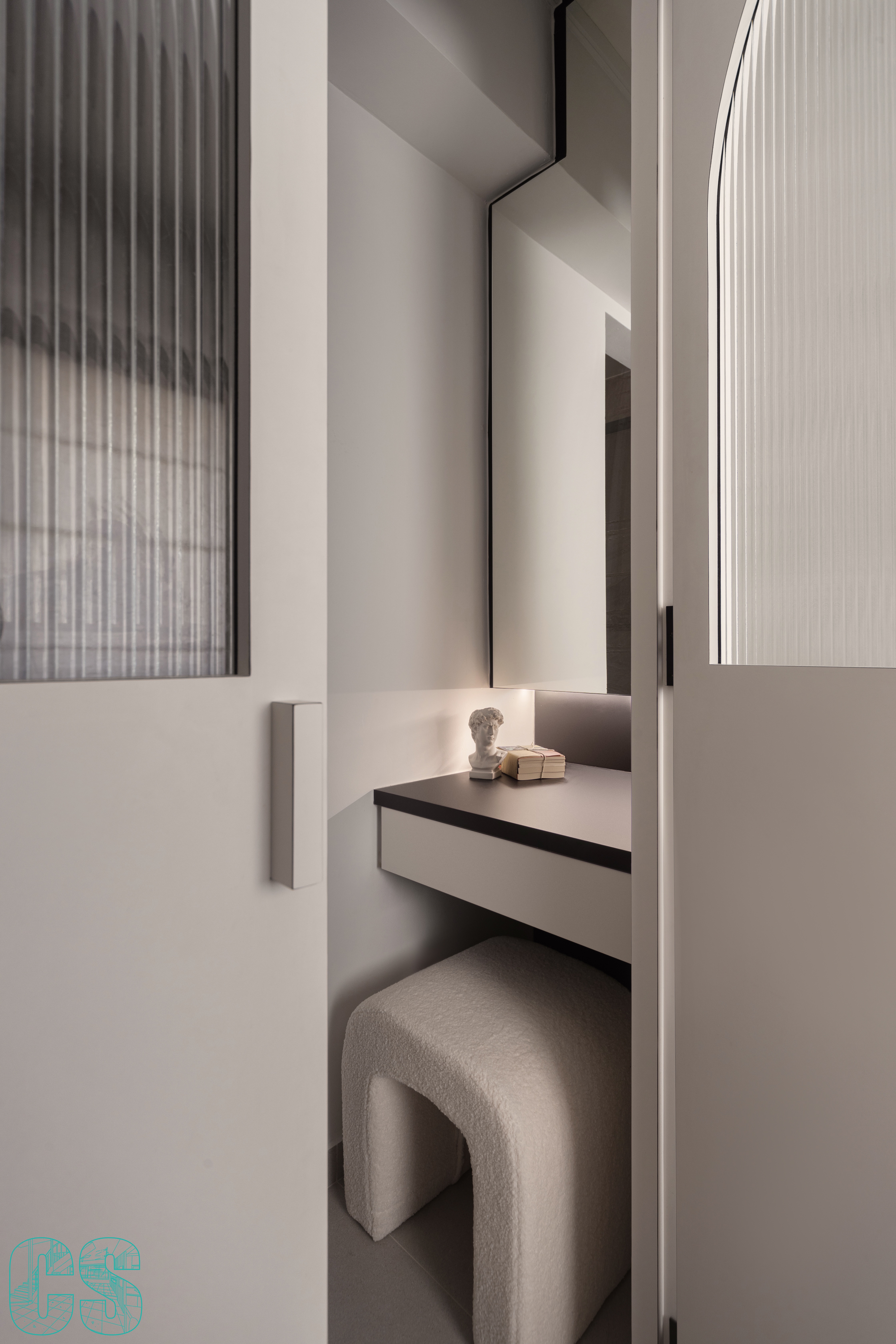 Minimalist Master Bedroom - Modern minimalist bathroom, sleek vanity, floating shelf, ambient lighting, neutral color