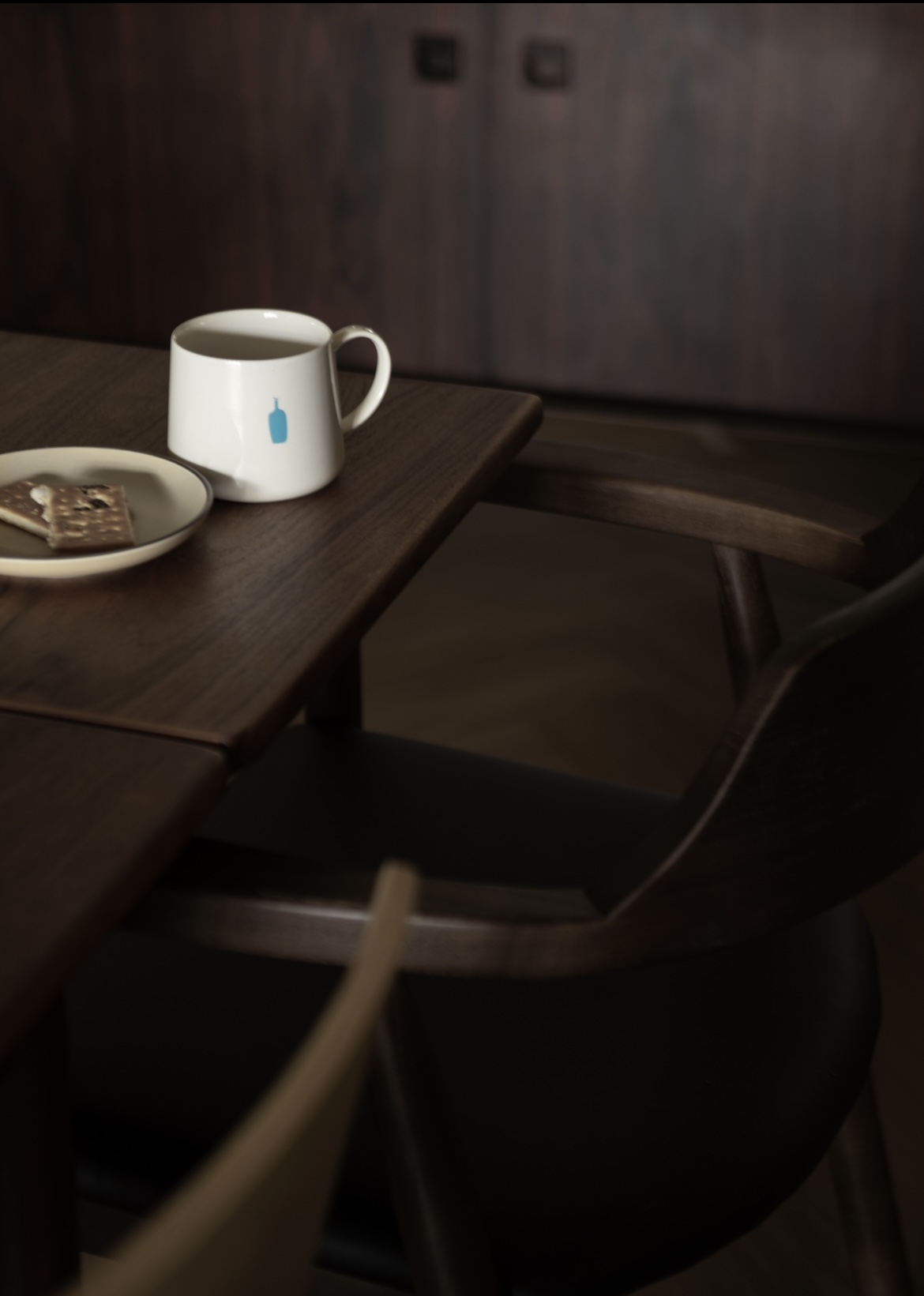 Mid Century Modern Dining Room - mug, coffee, table, chairs, wooden, dark, cozy, dimly lit, rustic, simple, cozy setting