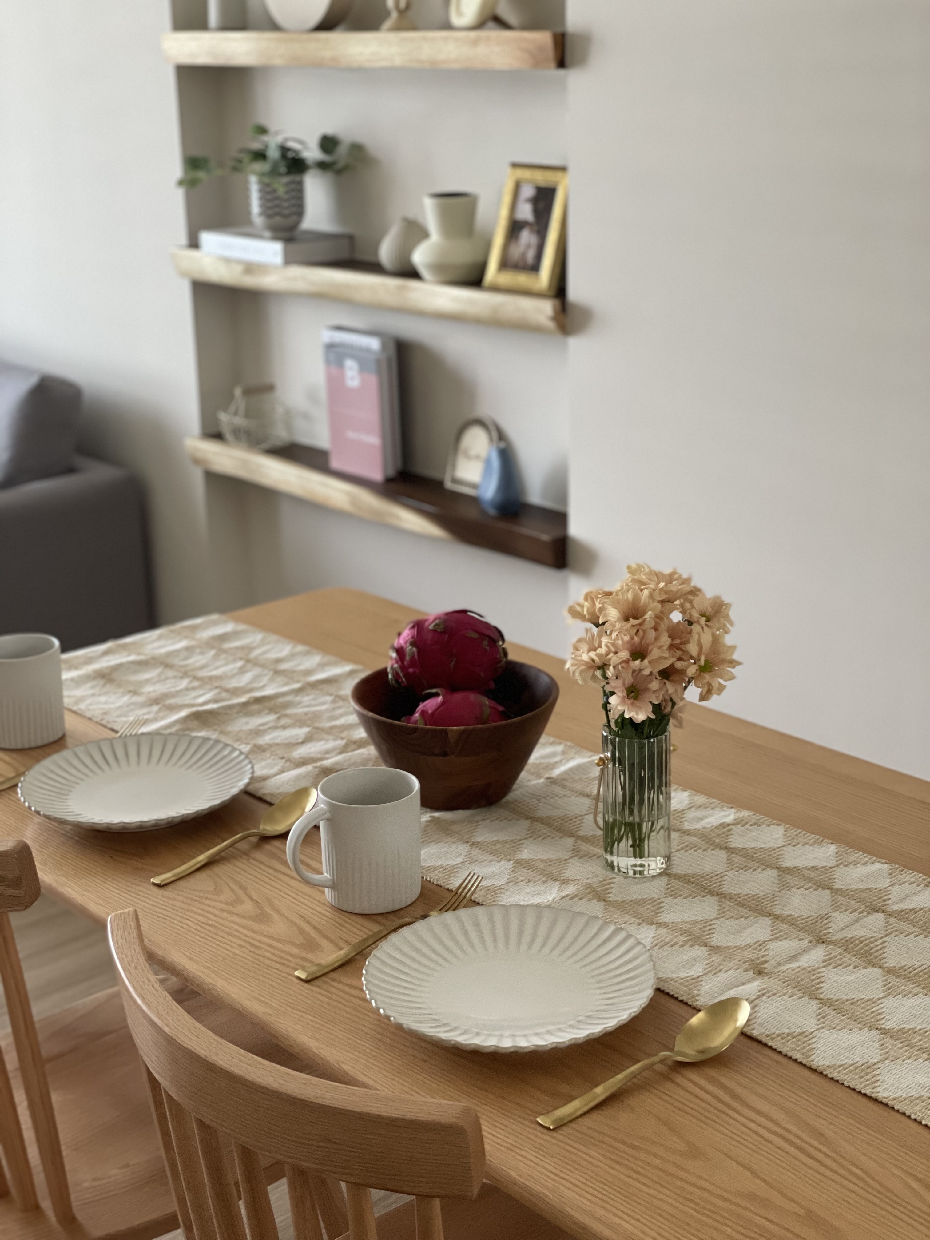 Living + Dining Space - Small but perfect for 2 - Wooden dining table, minimalist decor, elegant table setting, white plates