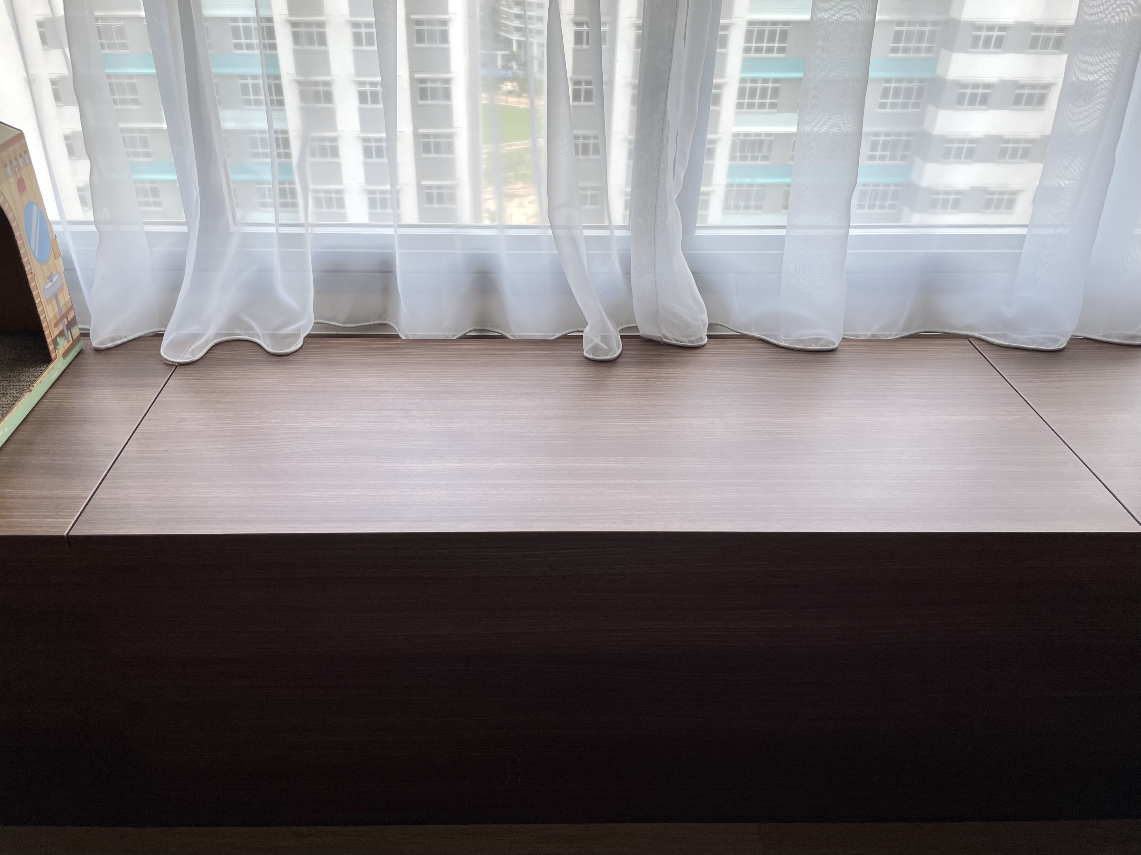 Living + Dining Space - Small but perfect for 2 - White sheer curtains, modern window, light streaming through, urban