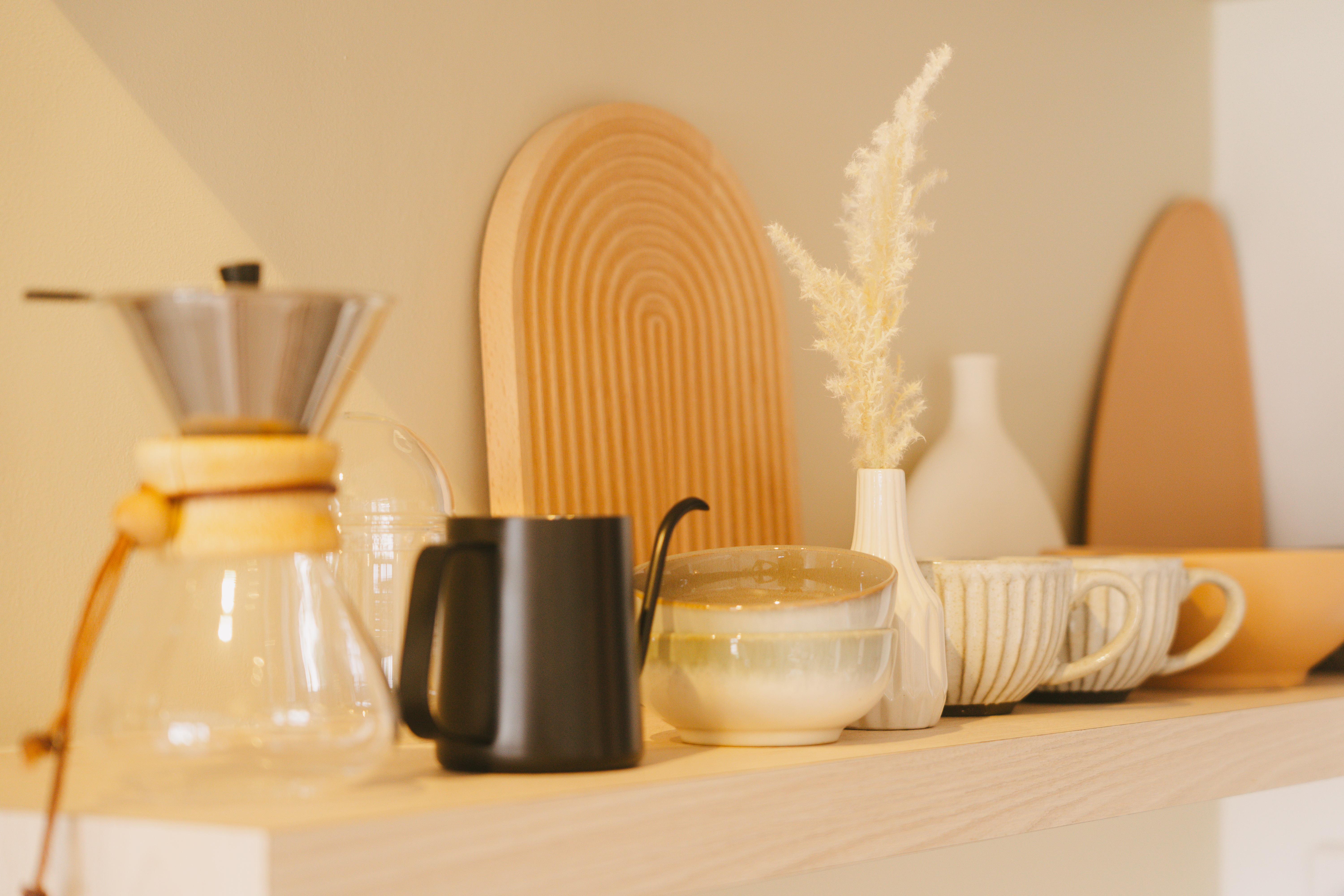 A place where food and conversations meet – Dining area - coffee maker, coffee pot, coffee filter, ceramic mug, wooden shelf