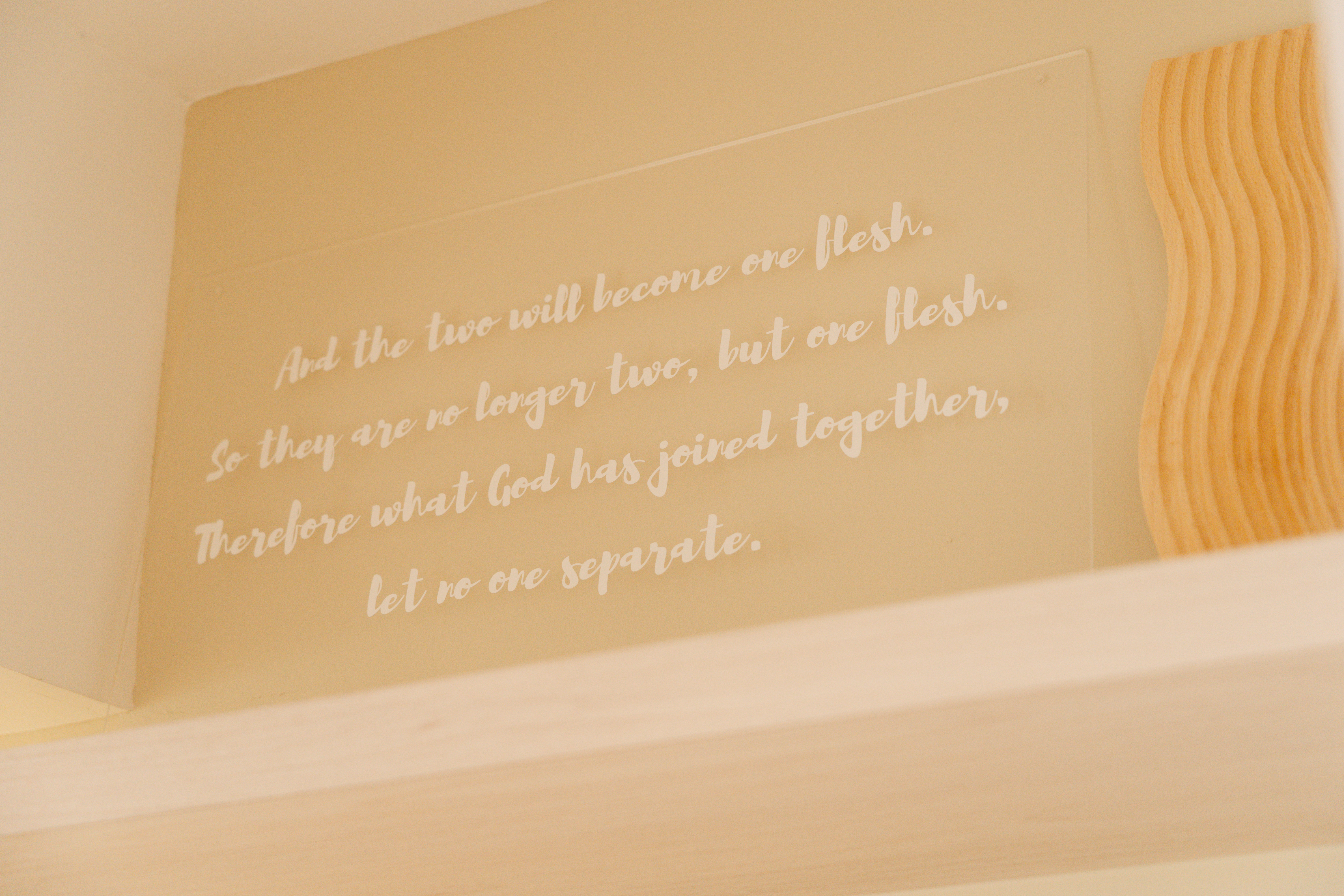 A place where food and conversations meet – Dining area - Elegant text on beige wall, Wooden shelf with decorative panel
