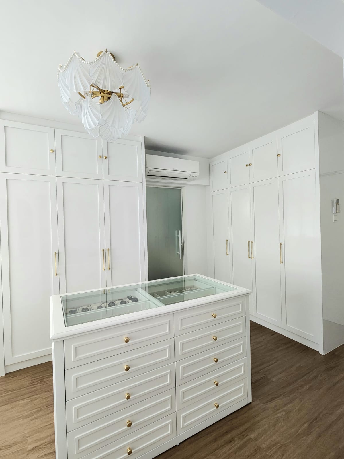 A bedroom with walk-in wardrobe  - White cabinetry, elegant design, minimalist style, modern aesthetic, spacious room, open