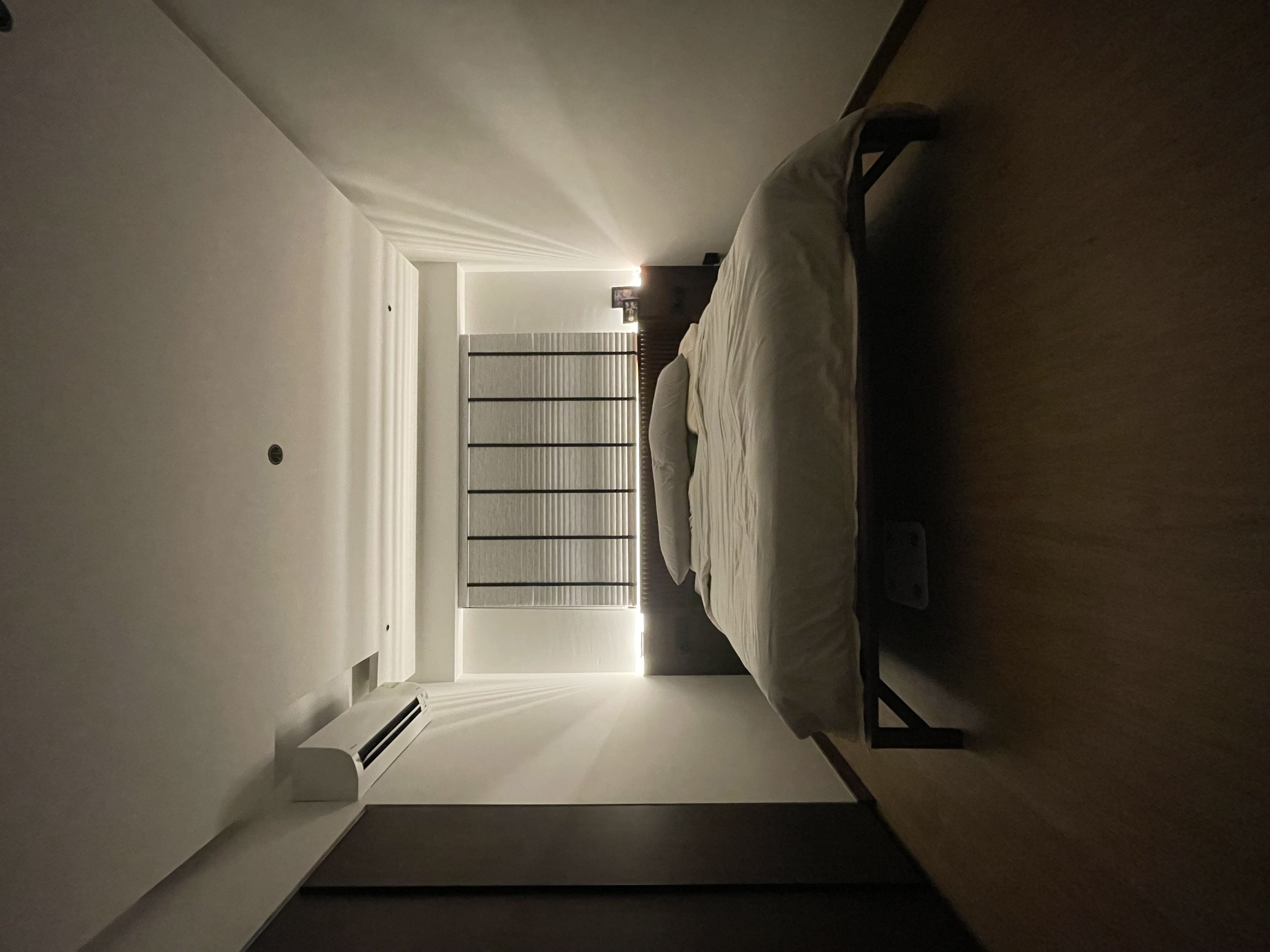 Day / Night : Our Master Bedroom - Minimalist bedroom, modern design, cozy atmosphere, white walls, natural light, wooden bed