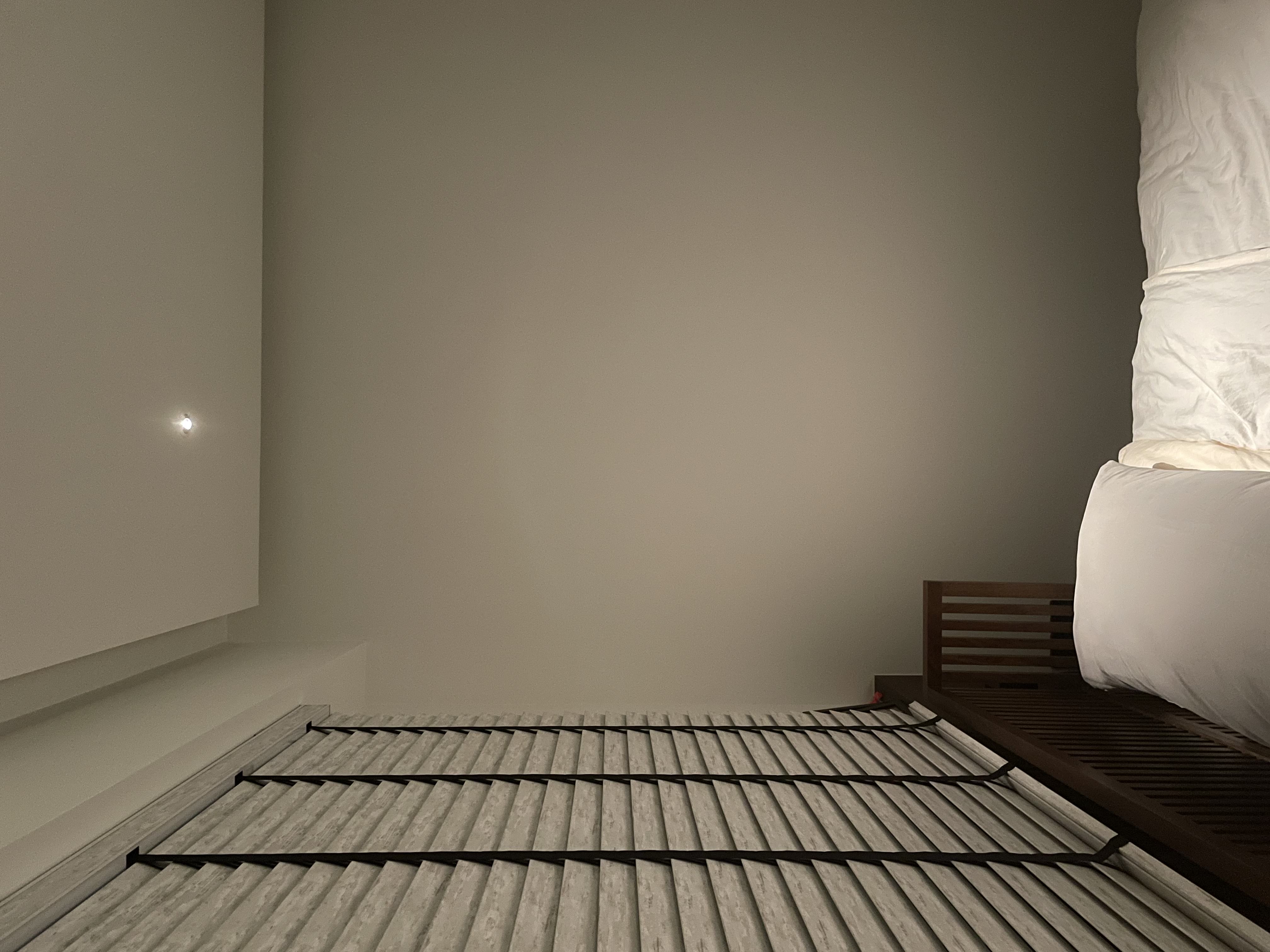 Day / Night : Our Master Bedroom - Minimalist bedroom, modern design, cozy atmosphere, white bedding, wooden headboard
