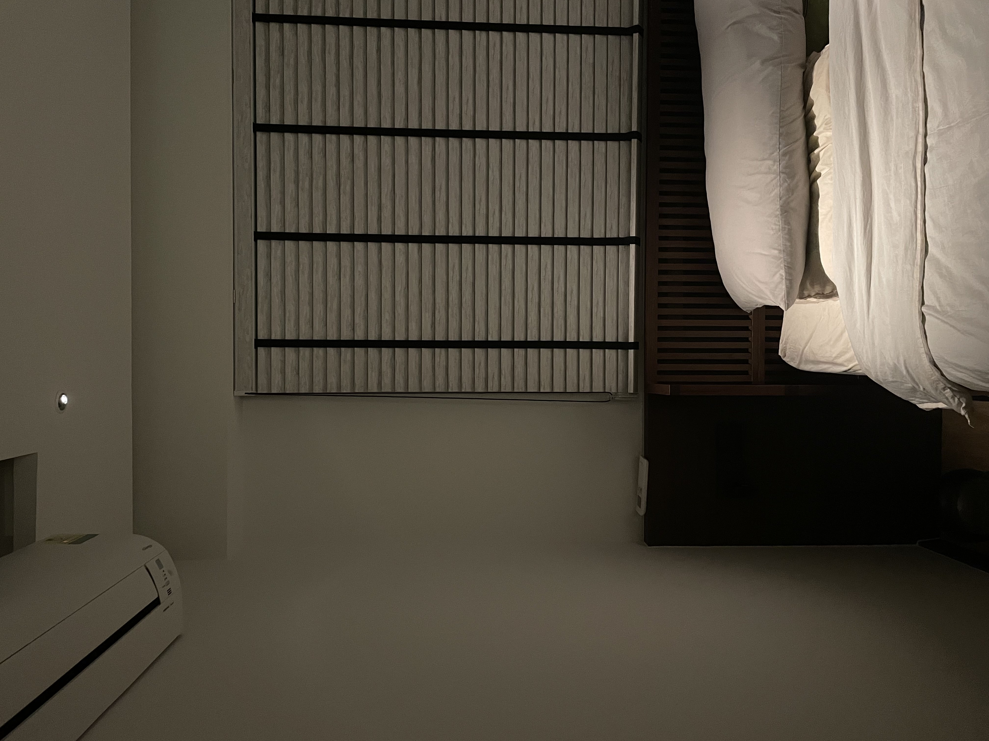 Day / Night : Our Master Bedroom - Modern minimalist bedroom, soft ambient lighting, sleek design, large window, wooden