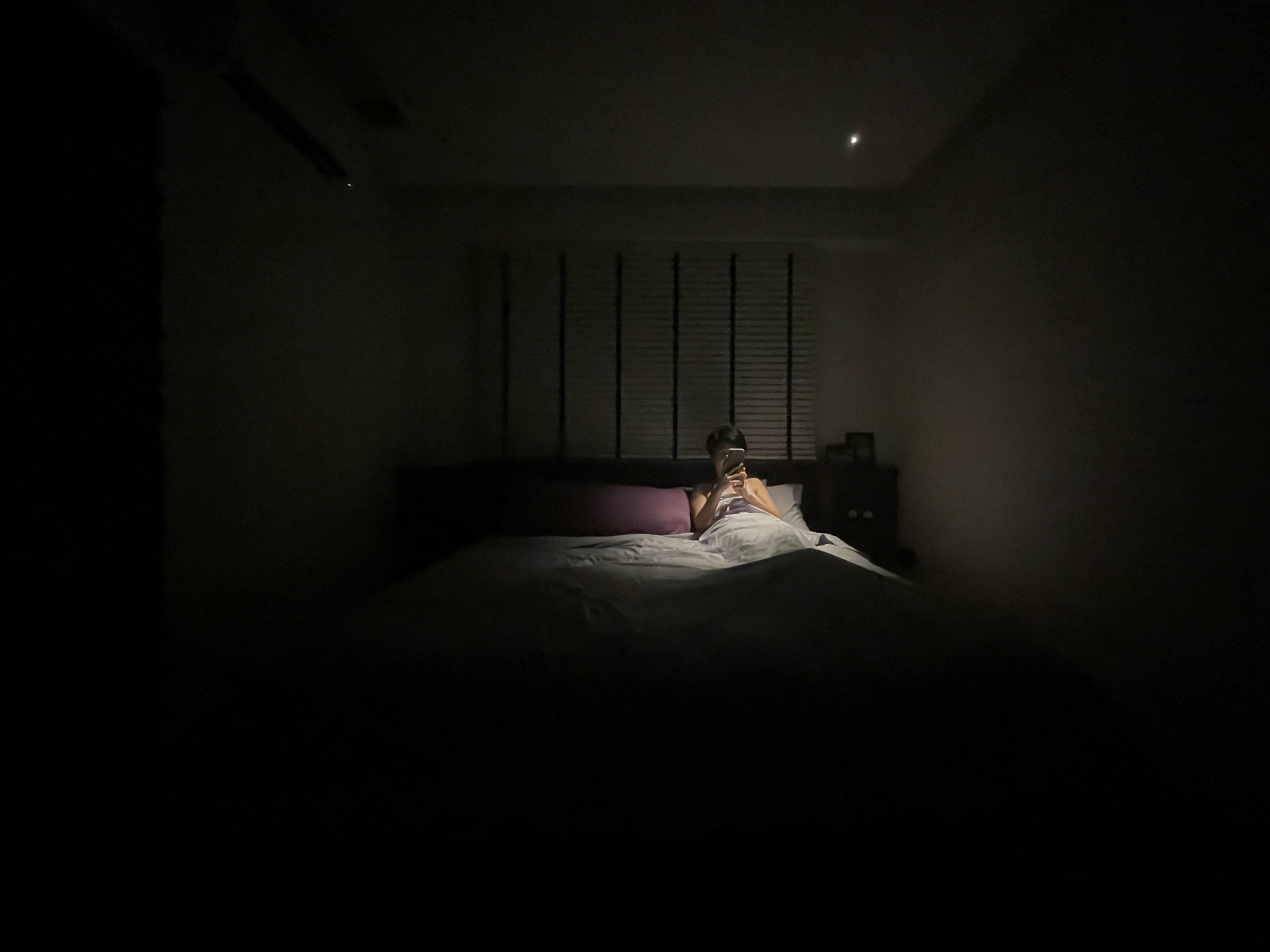Day / Night : Our Master Bedroom - dimly lit bedroom, person lying on bed, using phone, dark room, night vision, silhouette