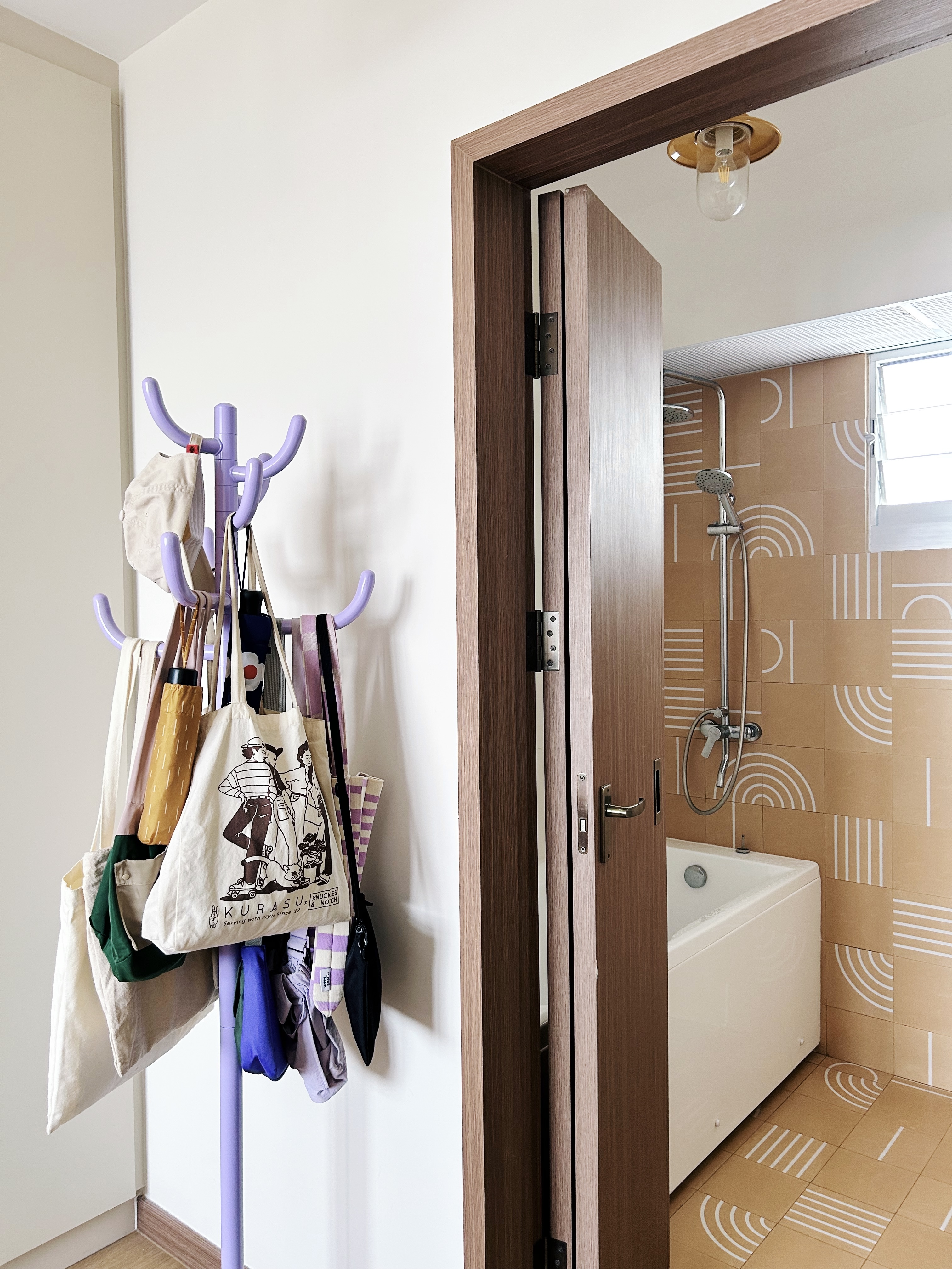 Step into our simple, sleep space - purple hanging bags, tote bags, shopping bags, laundry bags, organization rack, bathroom