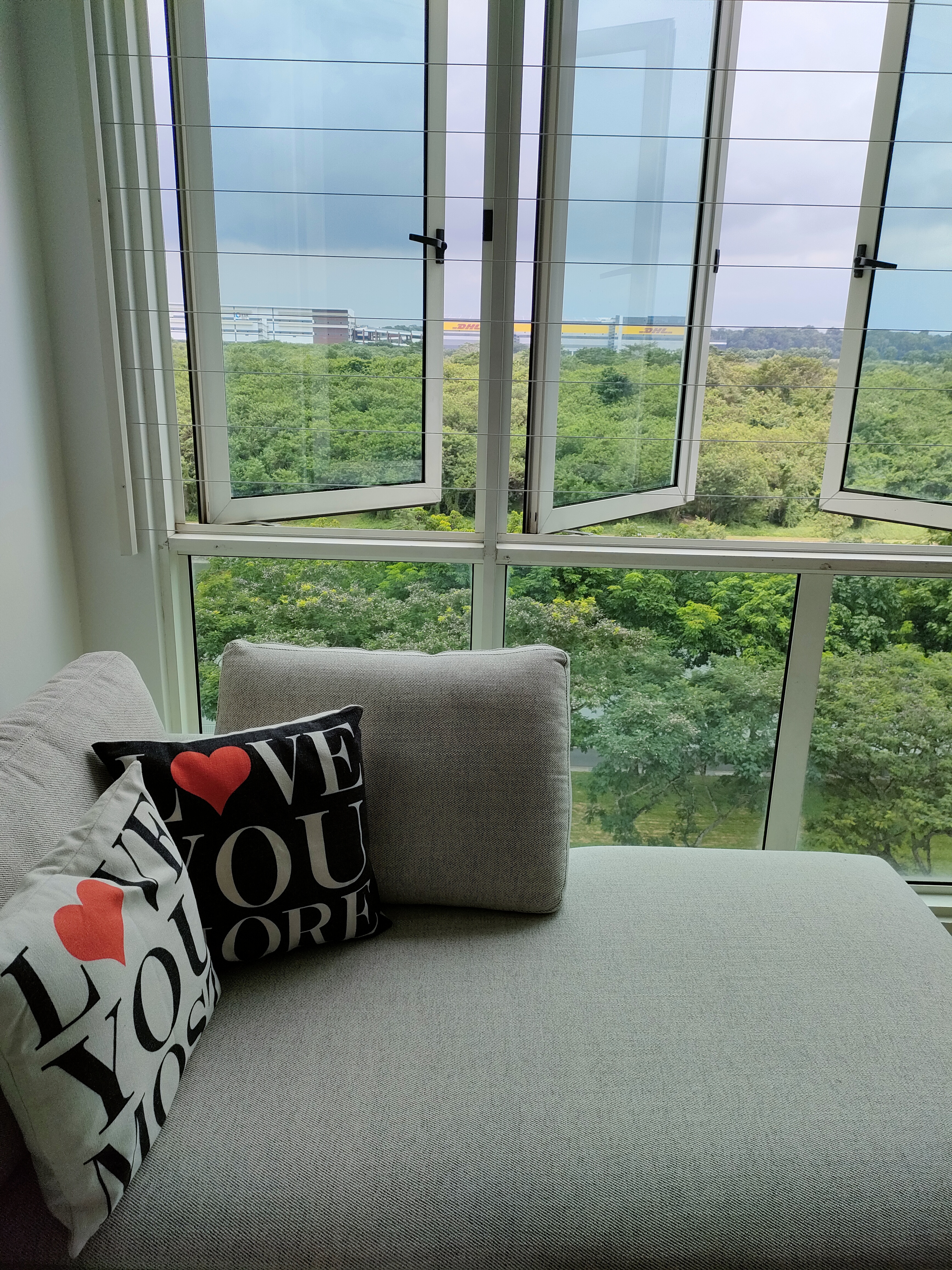 No Gardenspace for us! - Large windows, green foliage, outdoor view, bright daylight, modern interior, cozy seating, gray