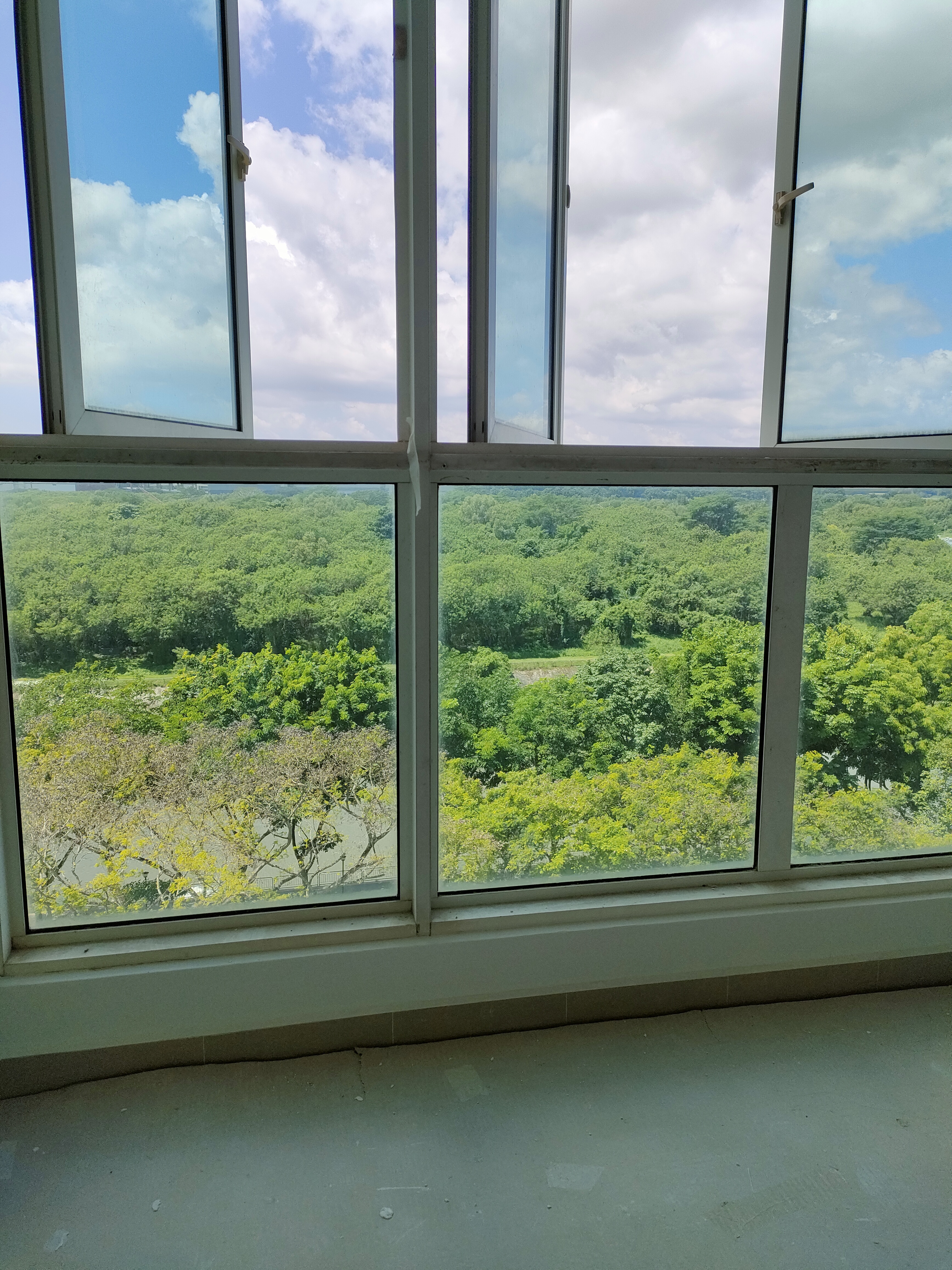 No Gardenspace for us! - Large windows, view, green trees, sky, clouds, bright day, natural scenery, indoor view, panoramic