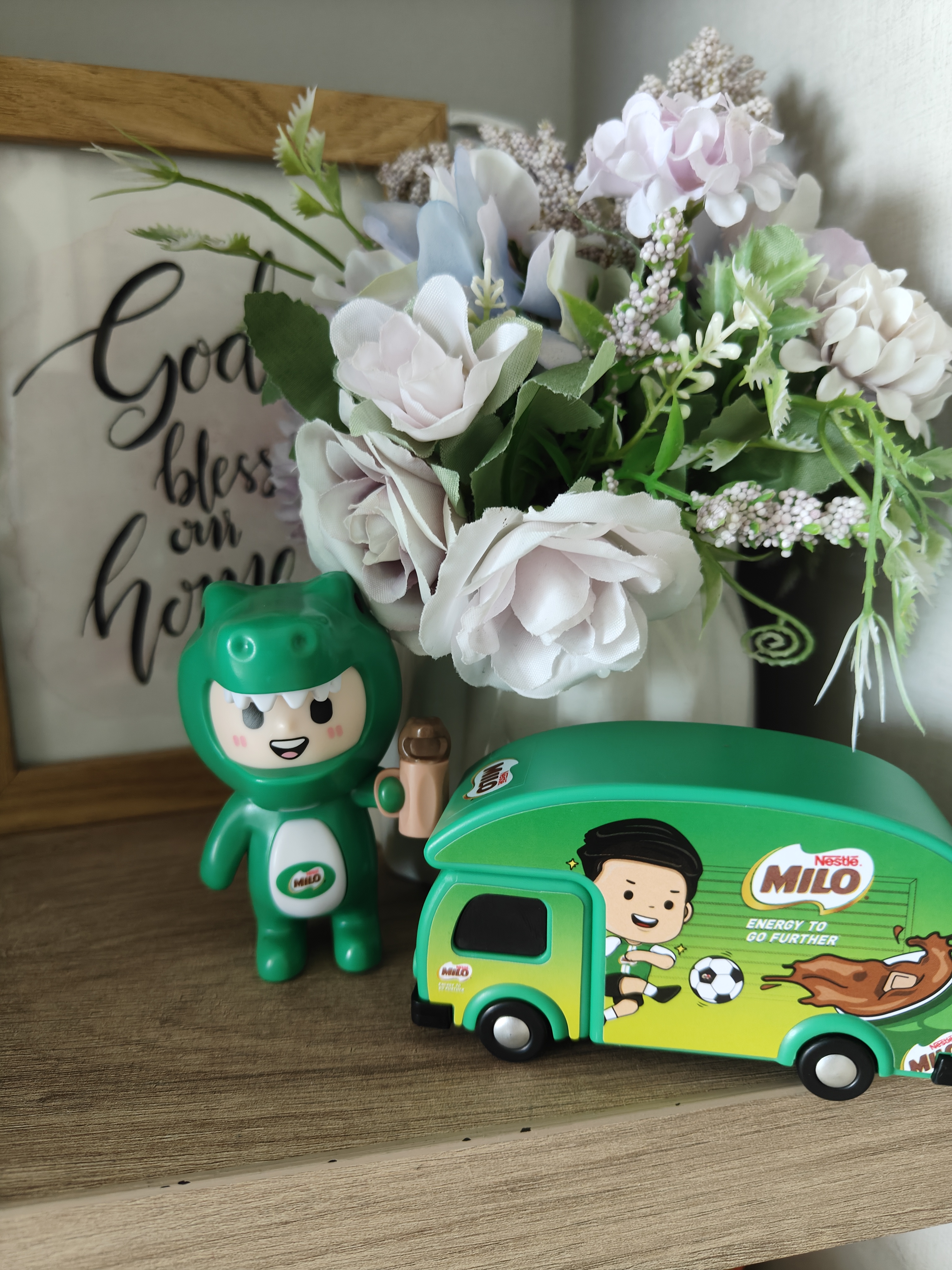 No Gardenspace for us! - Green toy figure, "Milo" energy drink container, "Go a bless on home" sign, white and pink flowers