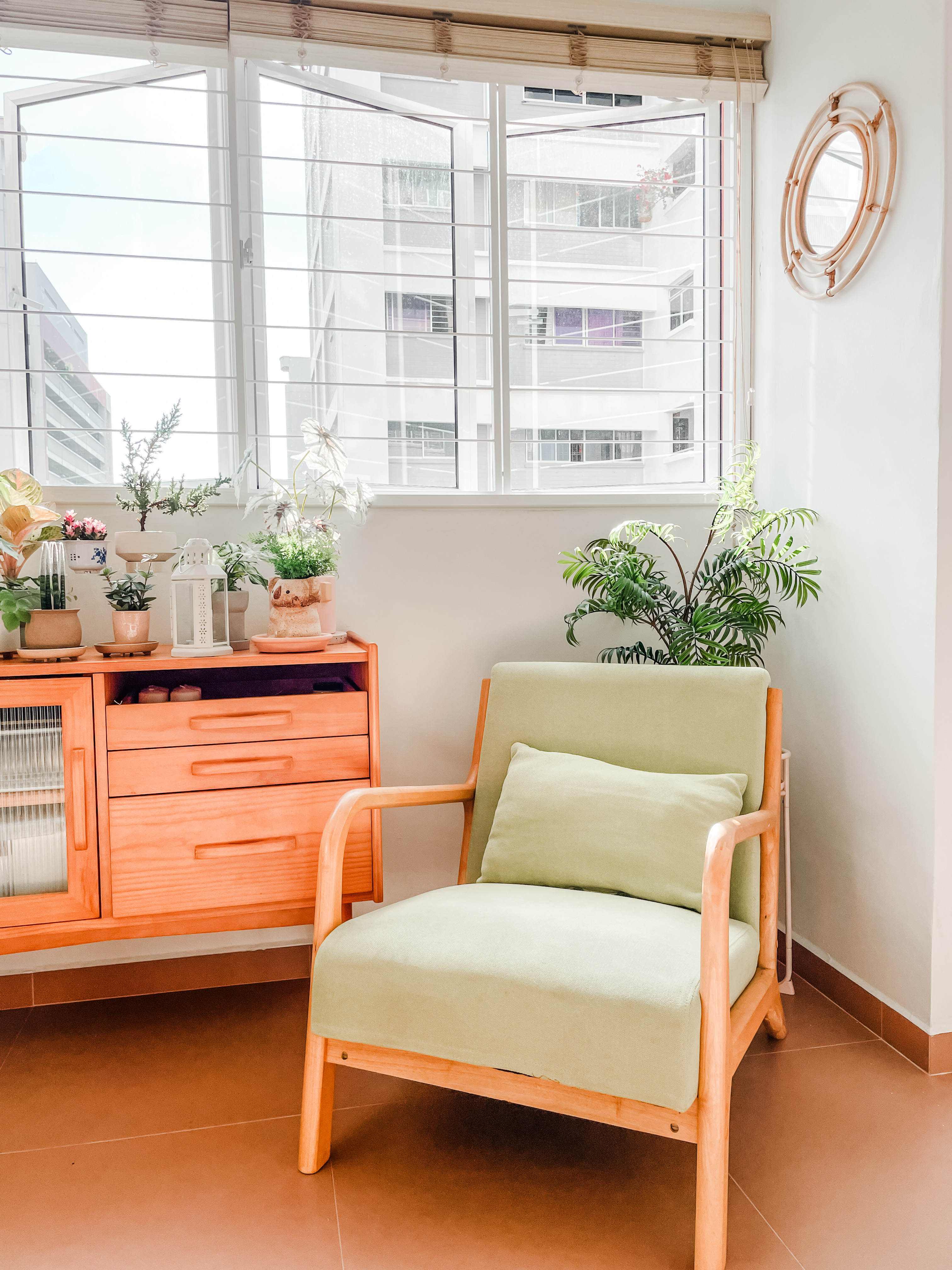 A Slice Of Sky, Sunlight And Serenity - Lush green chair, wooden frame, light green cushion, terracotta floor, large window