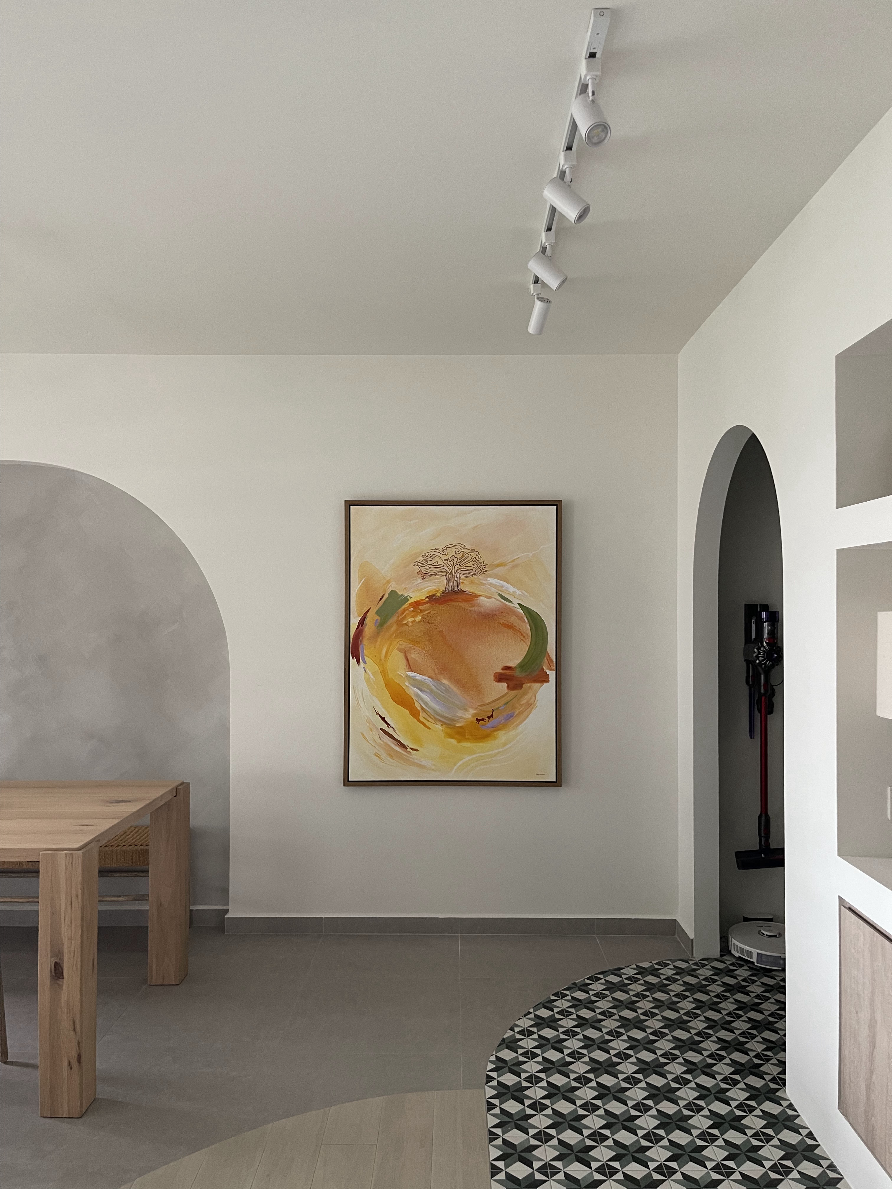 The Dining Area: The Heart of Our Home  - Modern minimalist interior, abstract painting, neutral color palette, geometric