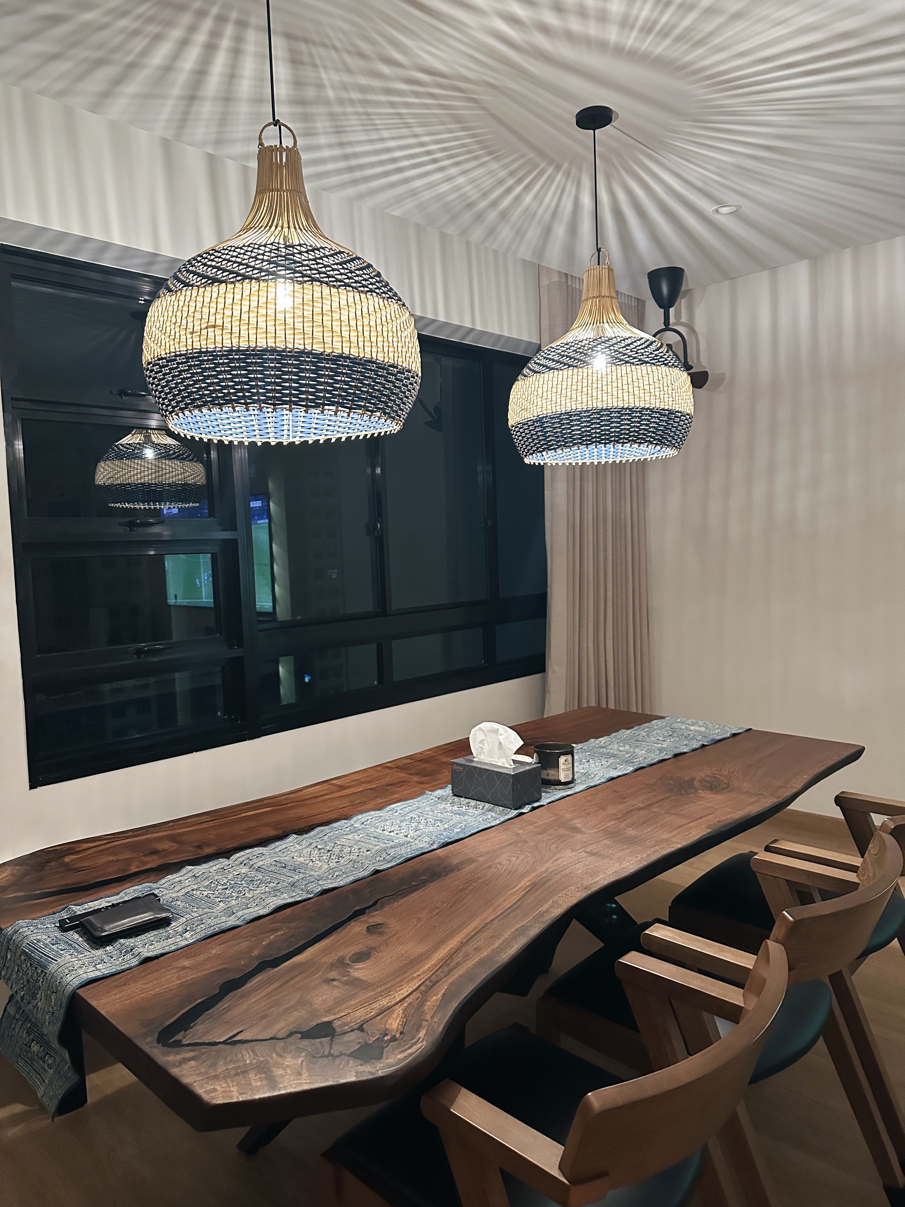Dining space 🍷✨ - modern dining room, rustic wooden table, elegant table setting, wooden chairs, intricate table runner