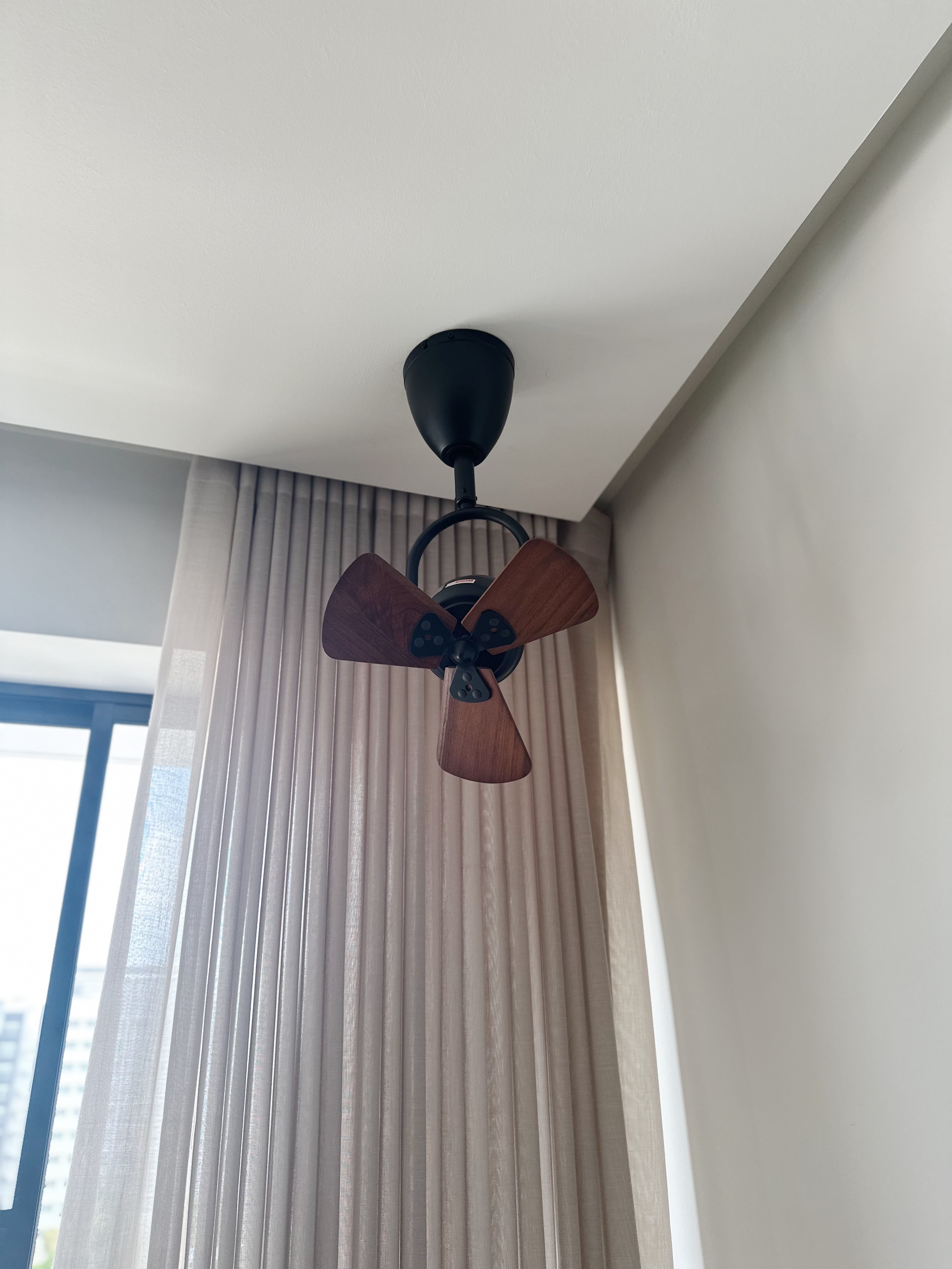 Dining space 🍷✨ - Wooden ceiling fan, modern design, dual blades, black light fixture, light fixture, ceiling height, light