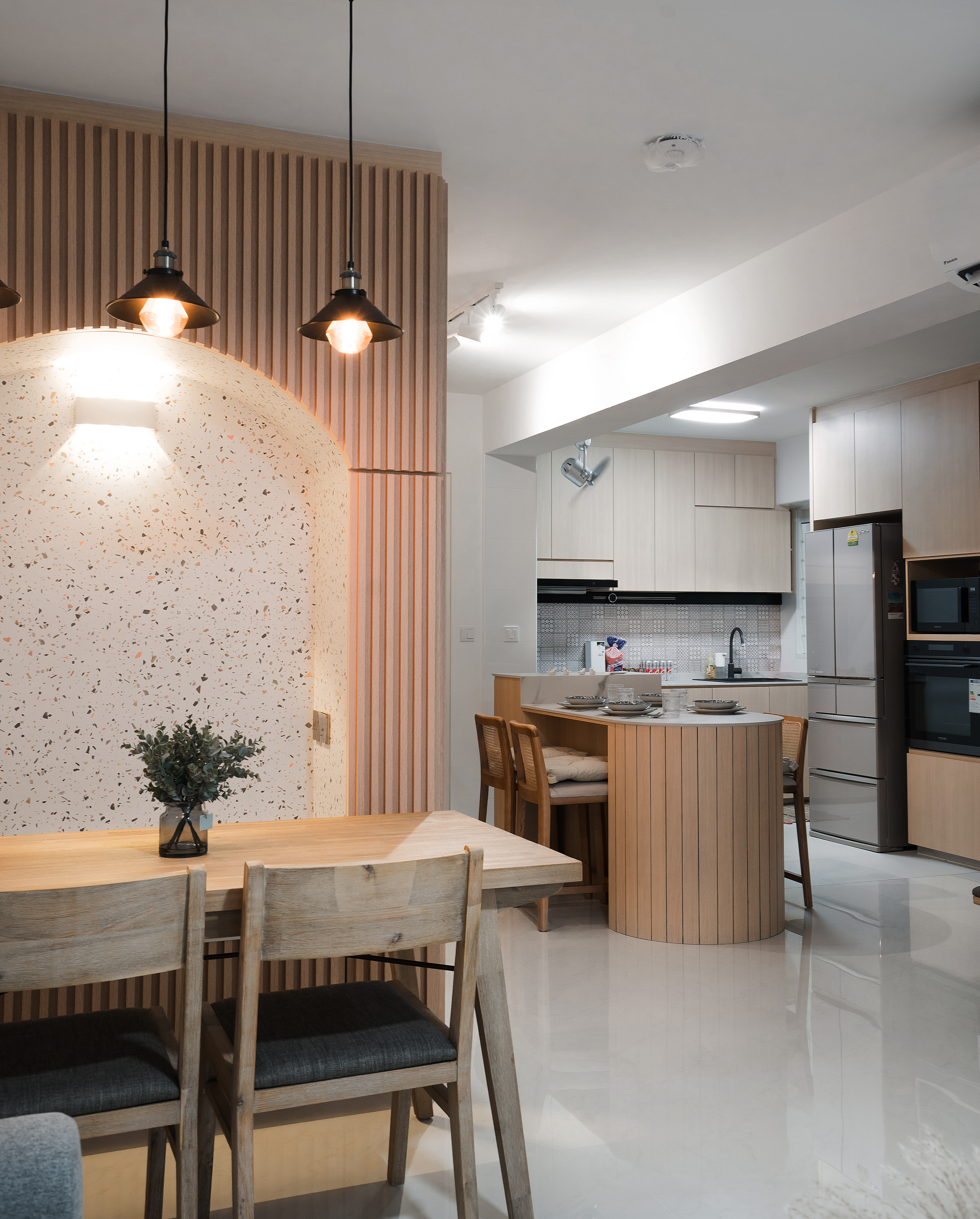 We do Dining but on the Move - Modern kitchen interior, minimalist design, wooden dining table, black chairs, pendant lights