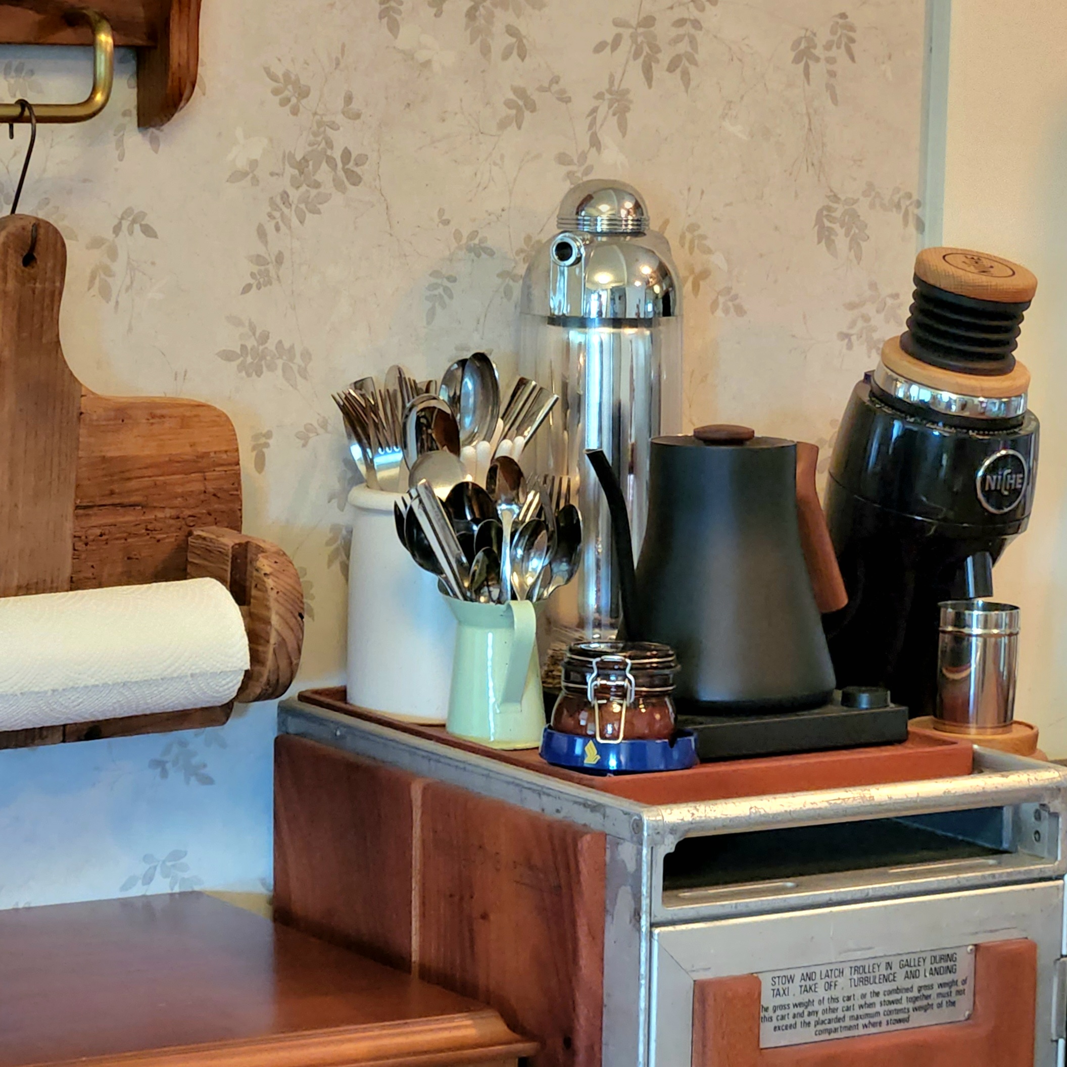 Tea time! An alt. multifunctional dining space in a zakka cottage home - wooden kitchen counter, vintage utensils, stainless