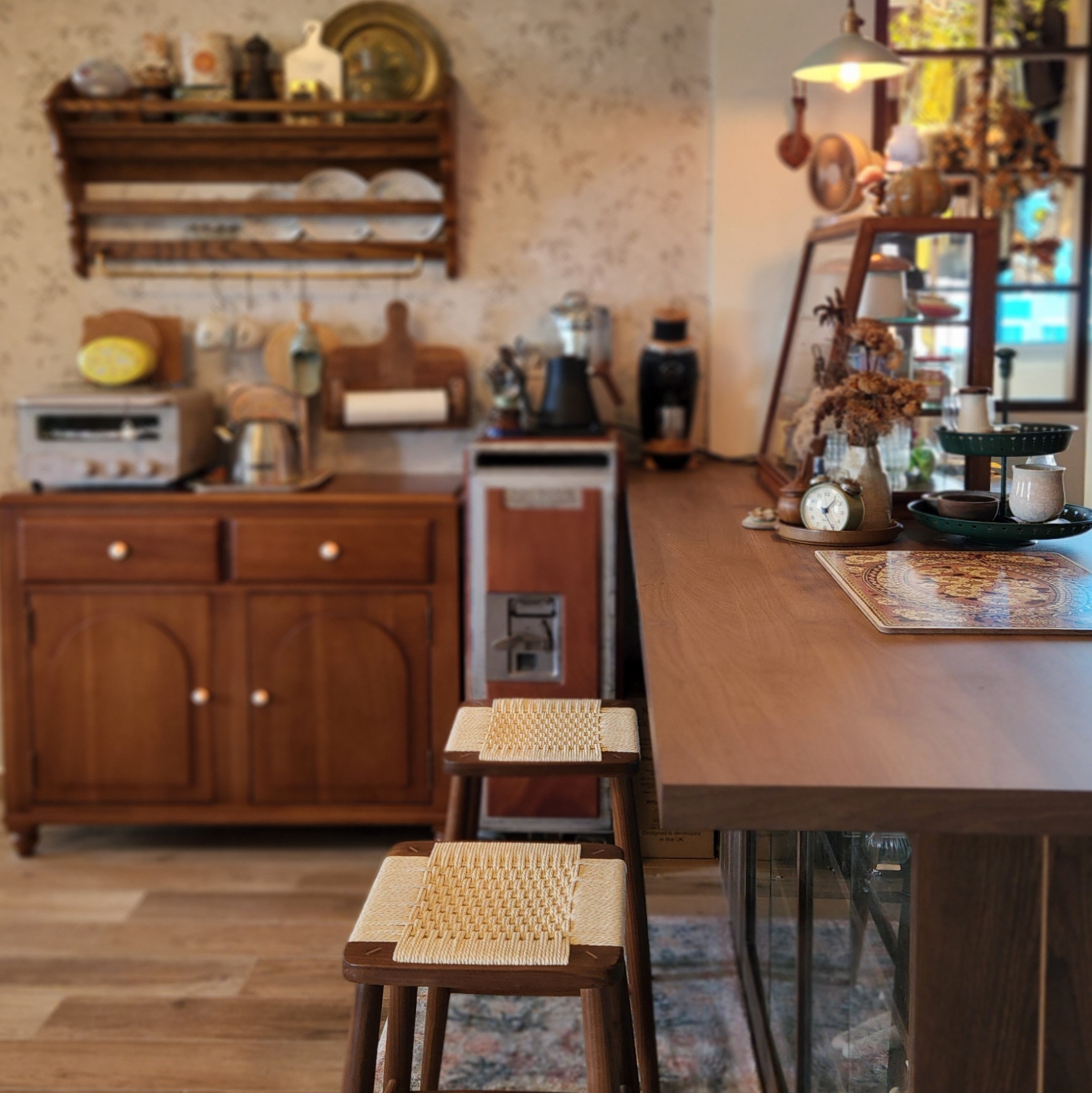 Tea time! An alt. multifunctional dining space in a zakka cottage home - Vintage kitchen with wooden cabinets, rustic coffee