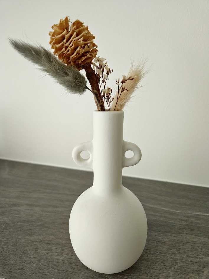 Green Up Our Nest - vase, white ceramic, rustic, dried flowers, pinecone, feather, natural elements, botanical arrangement