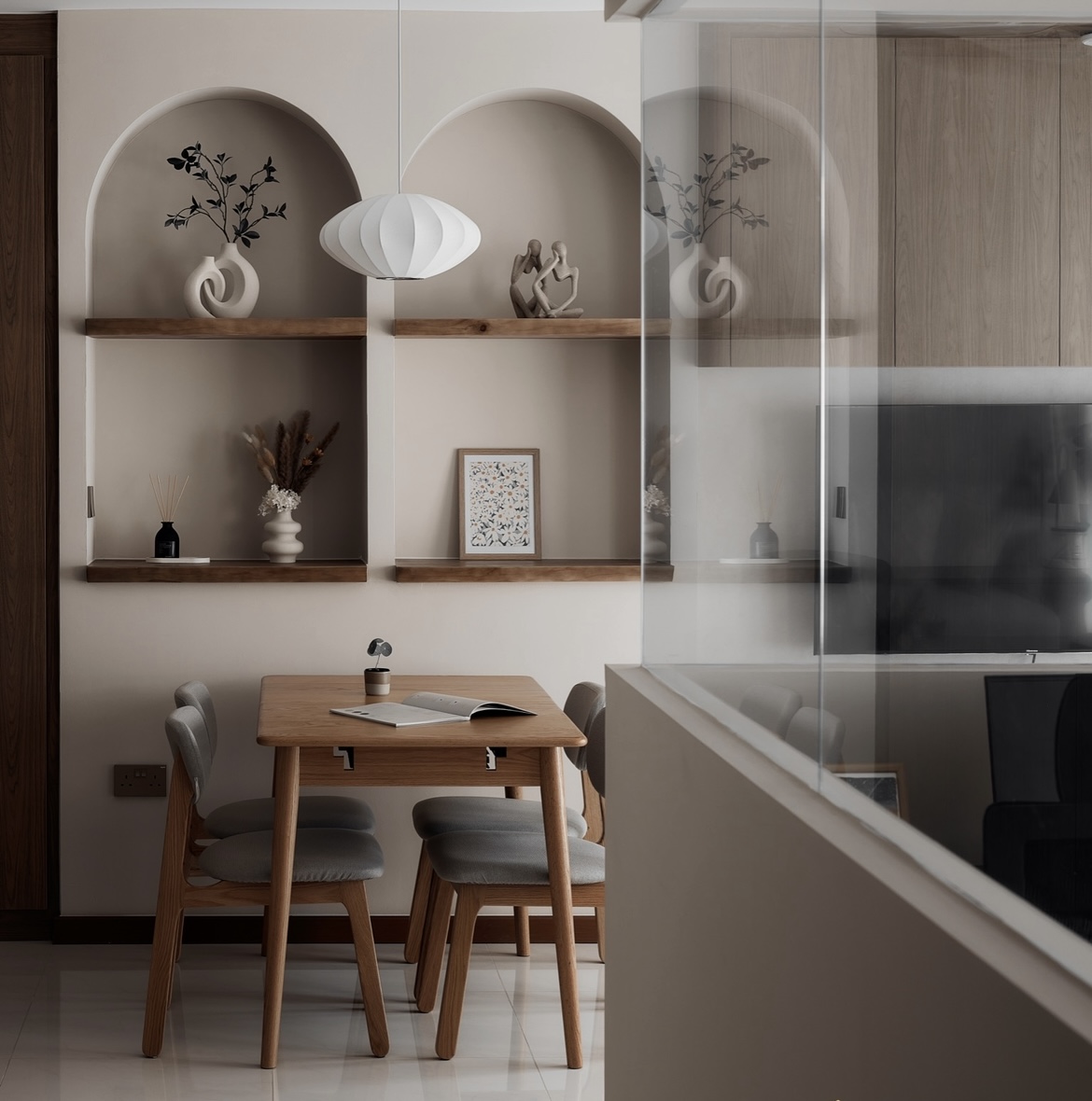 Dining in the heart of home - modern dining room, minimalist design, wooden dining table, gray upholstered chairs, built-in