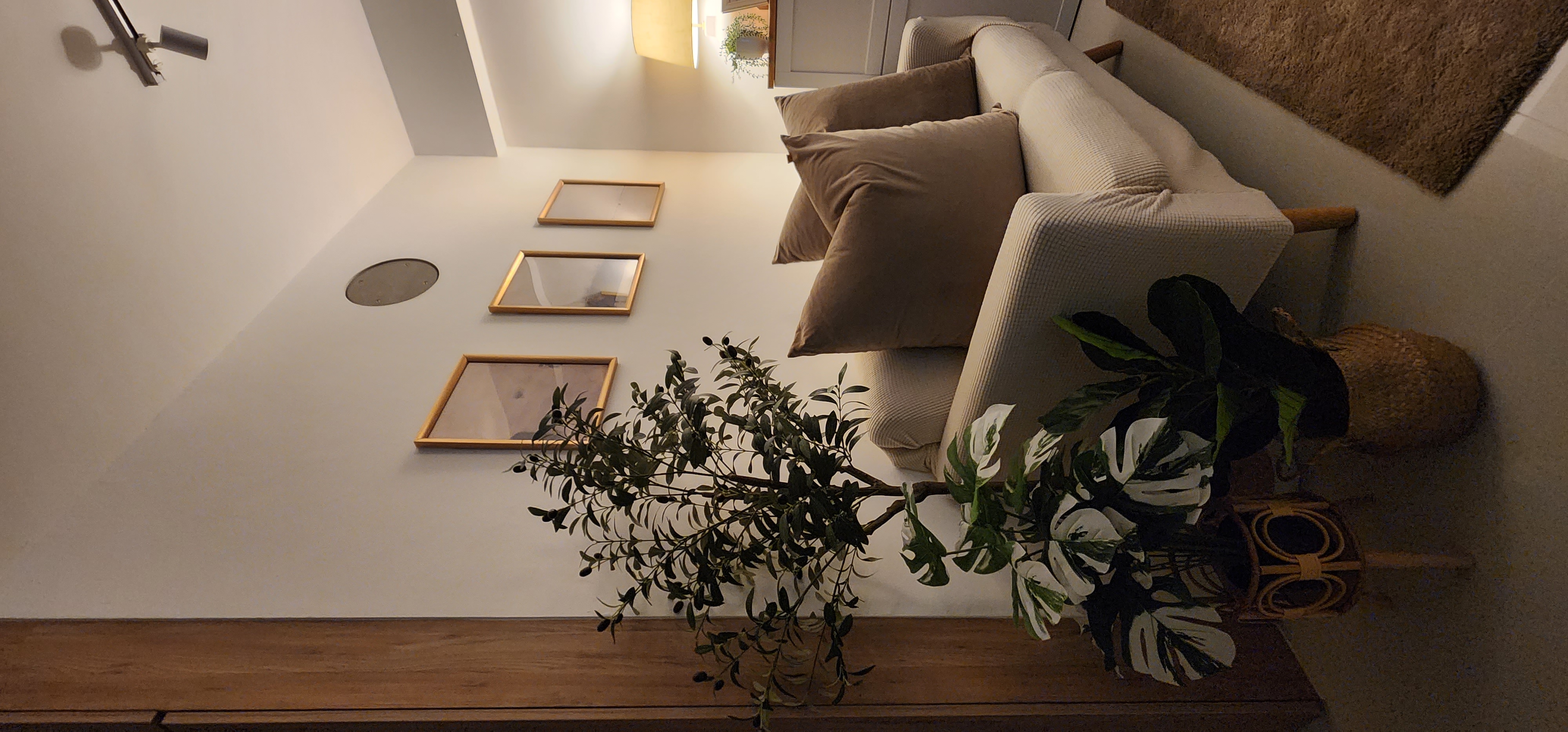 May the Faux be with us!  - modern living room, cozy atmosphere, beige sofa, wooden coffee table, indoor plants, natural
