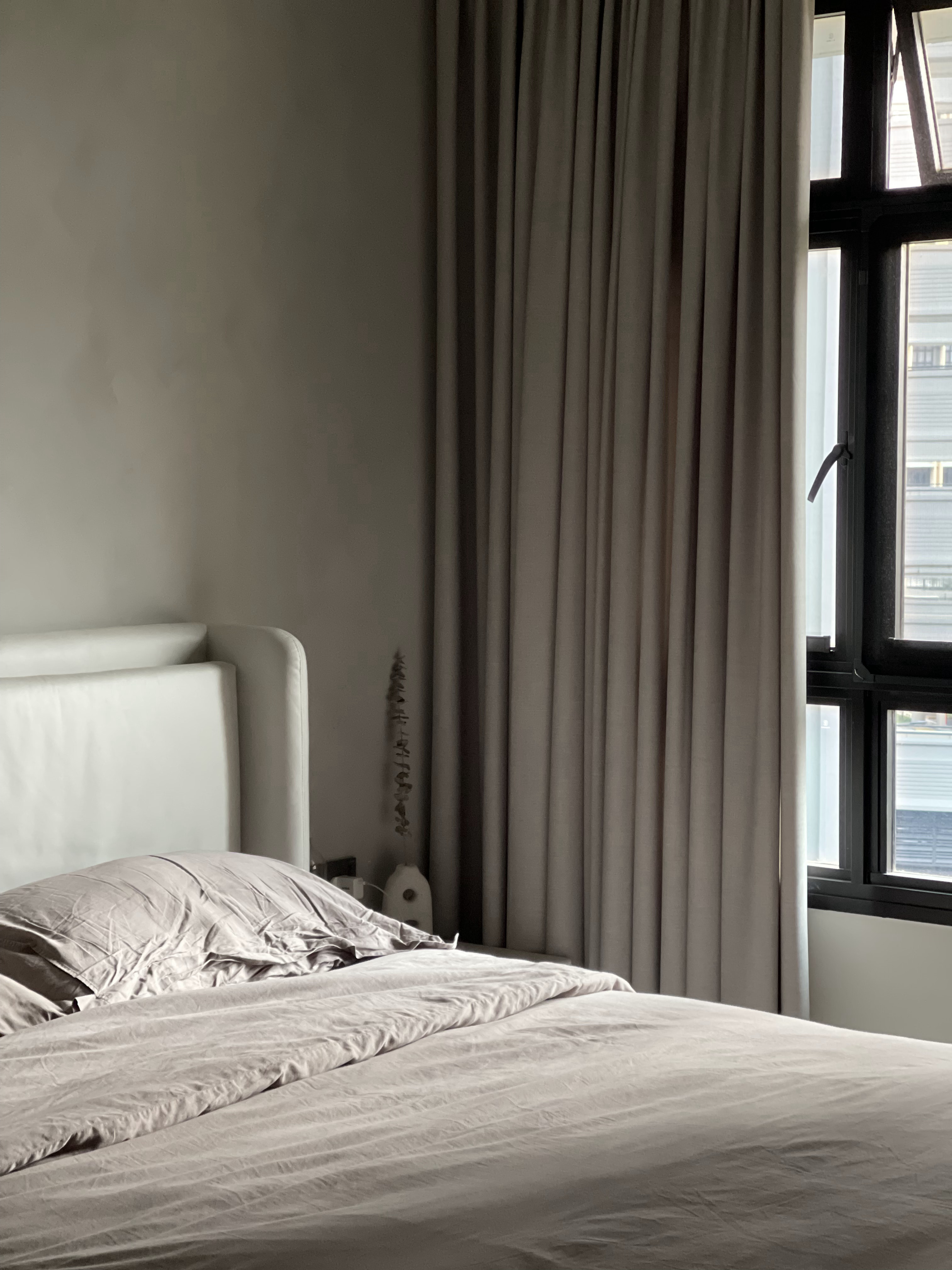 Our Atypical Master Bedroom: No L-shaped Wardrobe for us - Modern minimalist bedroom, neutral color palette, large window