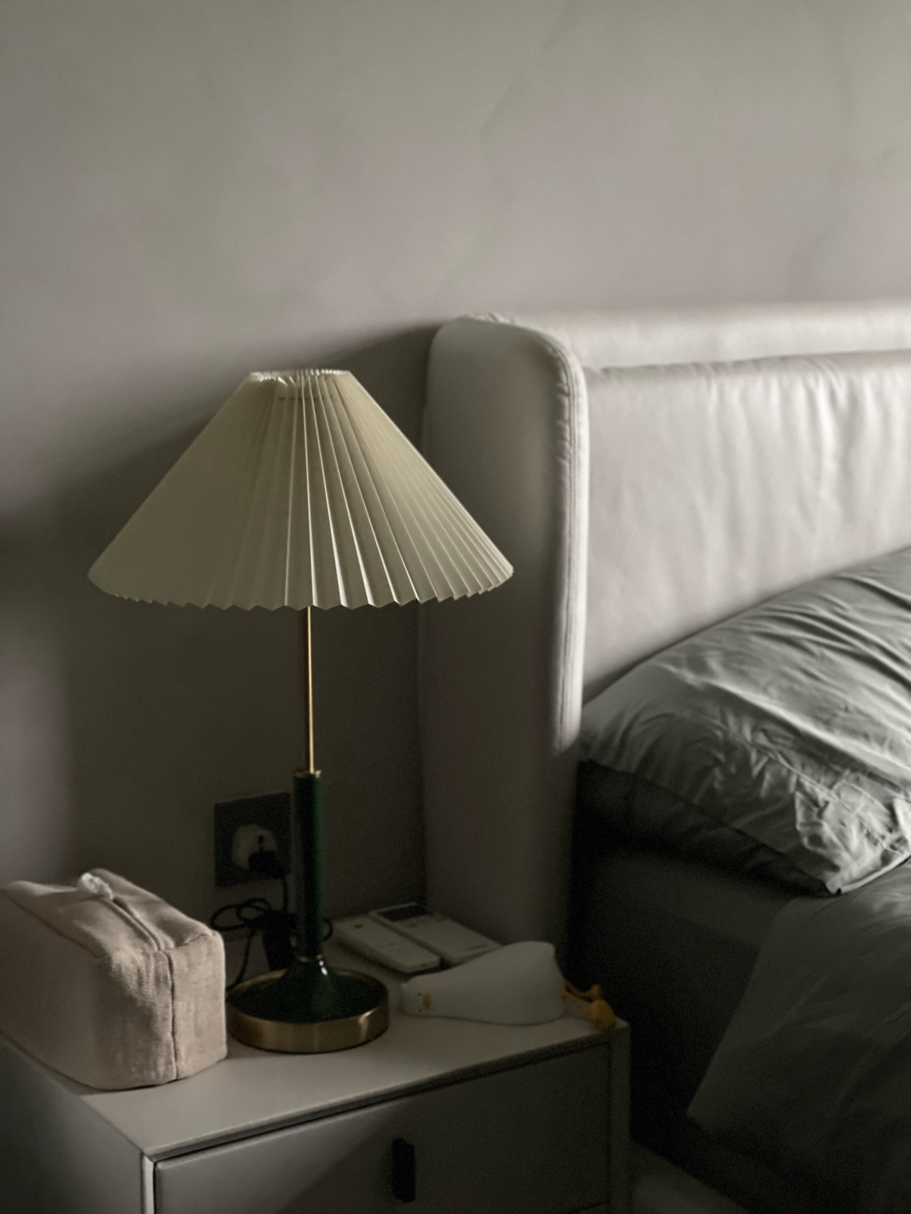 Our Atypical Master Bedroom: No L-shaped Wardrobe for us - Lamp with beige, pleated shade, bedside table, modern design, soft