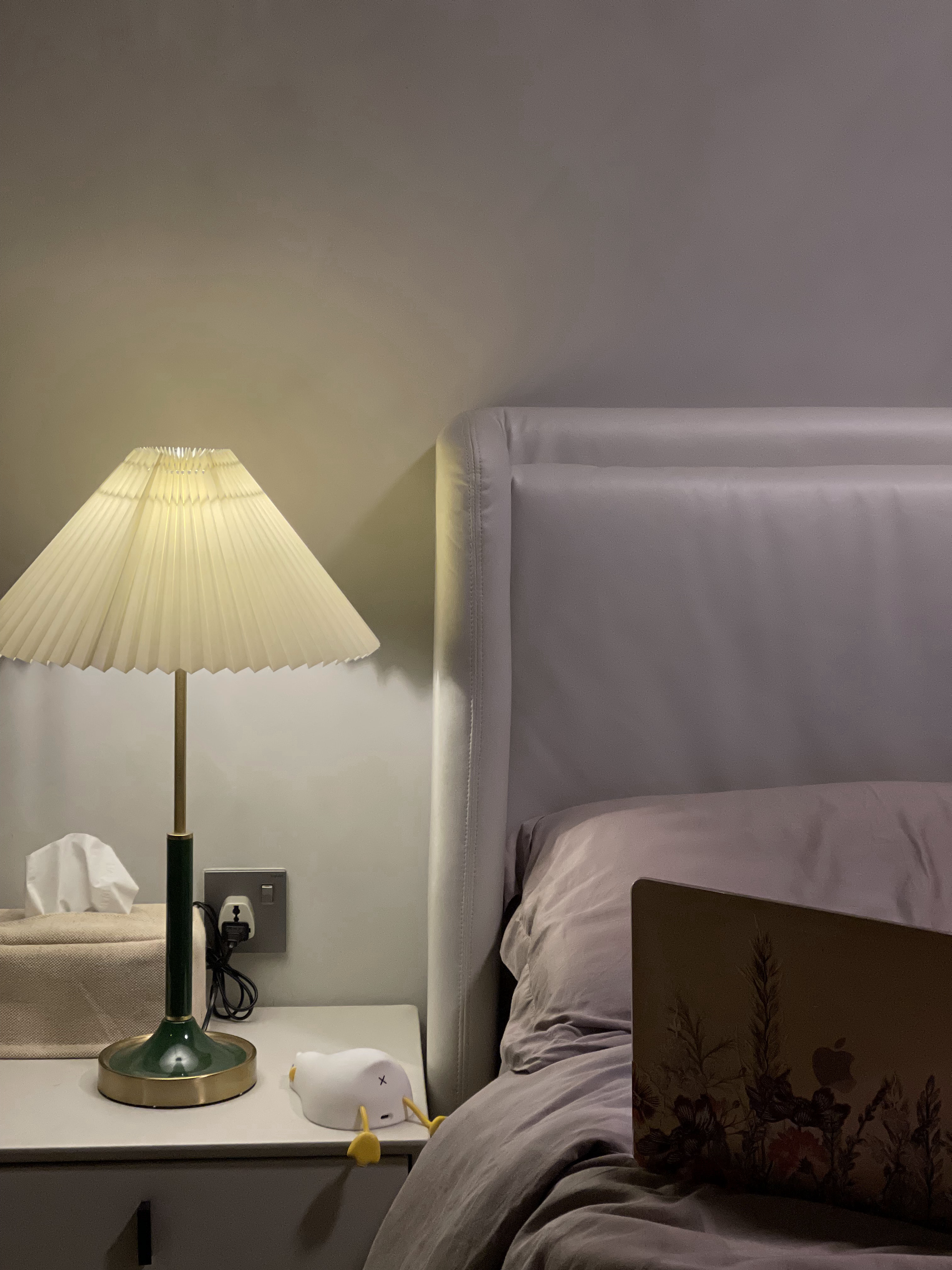 Our Atypical Master Bedroom: No L-shaped Wardrobe for us - Lamp with beige shade, bedside table, white lampshade, green base