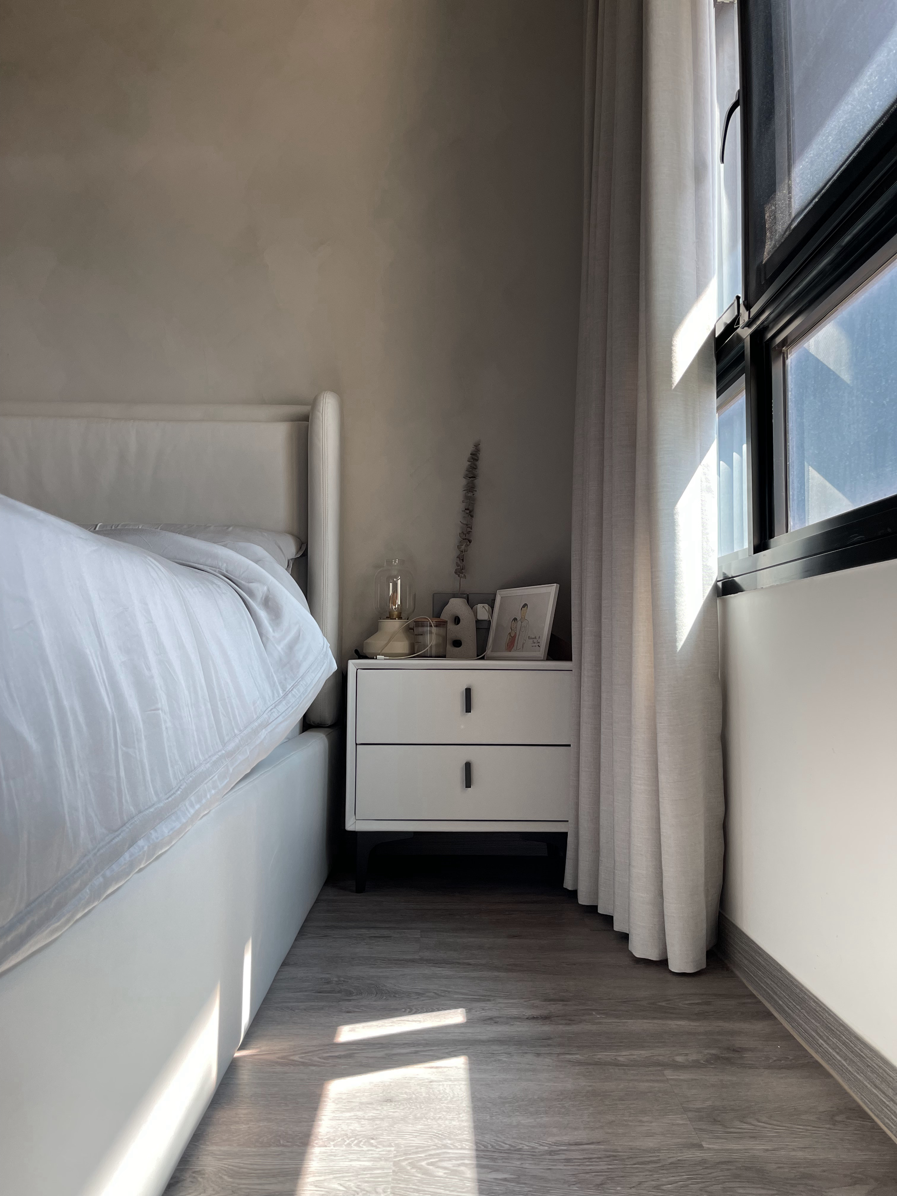 Our Atypical Master Bedroom: No L-shaped Wardrobe for us - Sunlight streaming through window, white bed with sheer curtains